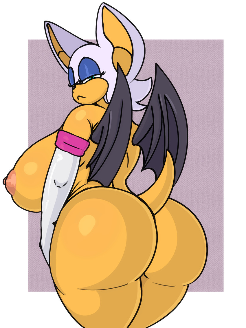 2024, absurd res, anthro, areola, armwear, ass, bat, bat wings, big ass, big breasts, big butt, big ears, biped, black nose, black wings, blue eyes, blue eyeshadow, border, breasts, clothing, curvy figure, digital media (artwork), elbow gloves, eyelashes, eyes mostly closed, eyeshadow, female, female anthro, glistening, glistening body, glistening butt, glistening eyes, gloves, gloves only, handwear, handwear only, hi res, huge breasts, huge butt, legs together, looking at viewer, looking back, looking back at viewer, makeup, mammal, membrane (anatomy), membranous wings, mostly nude, mostly nude anthro, mostly nude female, mouth closed, multicolored clothing, multicolored gloves, multicolored handwear, narrowed eyes, nipples, outside border, pink areola, pink clothing, pink gloves, pink handwear, pink nipples, raised tail, rear view, rouge the bat, sega, short tail, simple background, small nose, solo, sonic (series), sonic the hedgehog (series), spoldier, tail, thick thighs, two tone clothing, two tone gloves, two tone handwear, voluptuous, voluptuous anthro, voluptuous female, white border, white clothing, white gloves, white handwear, wide hips, wings