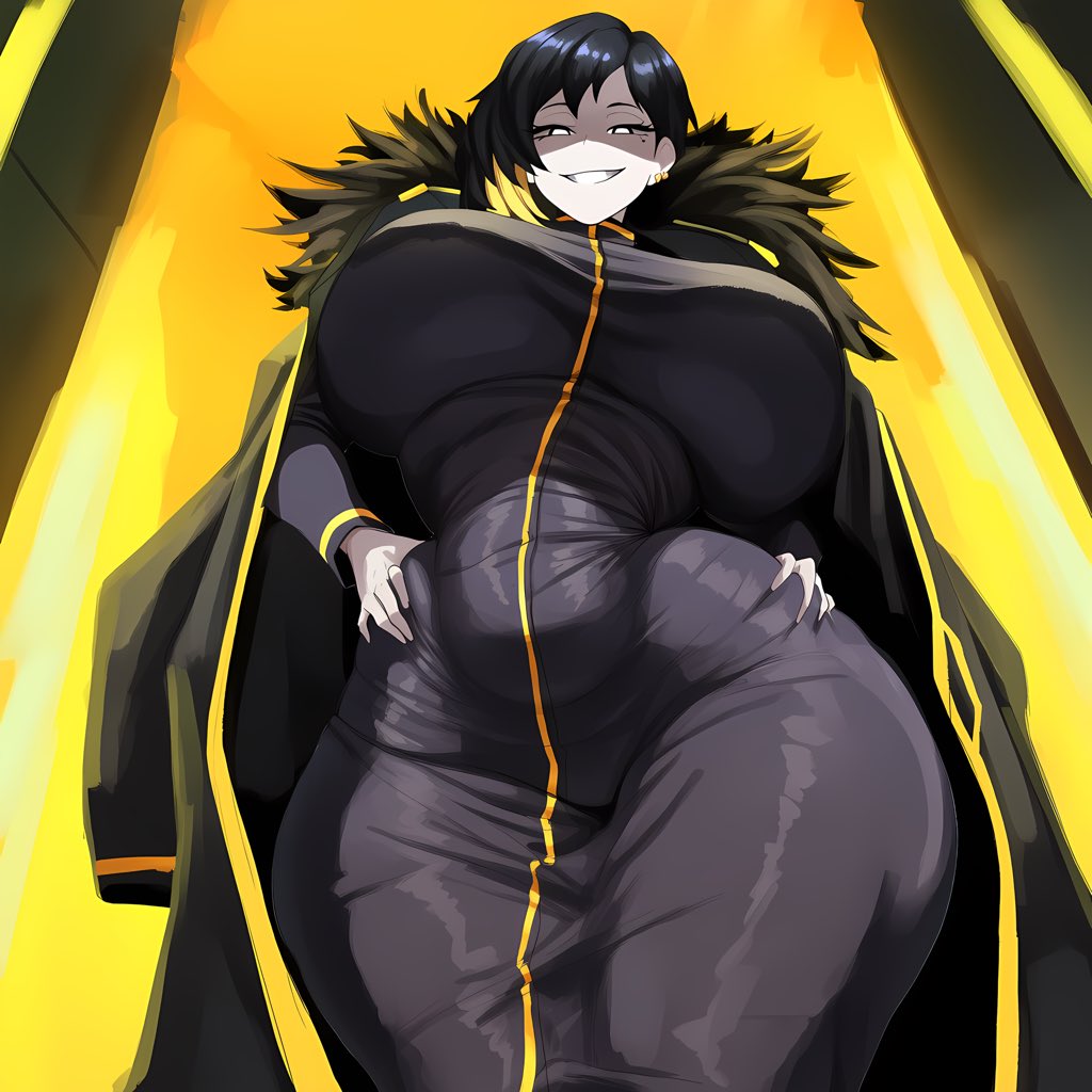 1girls, ai generated, big breasts, binah, binah (project moon), black hair, breasts, breasts bigger than head, child bearing hips, cinderhee, coat, coat on shoulders, dress, female, female only, from below, grin, grinning at viewer, hourglass figure, hourglass figured female, large thighs, library of ruina, lobotomy corporation, long hair, multicolored hair, pale skin, pale-skinned female, pov, pov eye contact, project moon, shadowed face, short hair, smile, smiling, smiling at viewer, solo, solo female, tagme, tight clothing, tummy, tummy bulge, white eyes, wide hips, wide thighs, yellow eyes