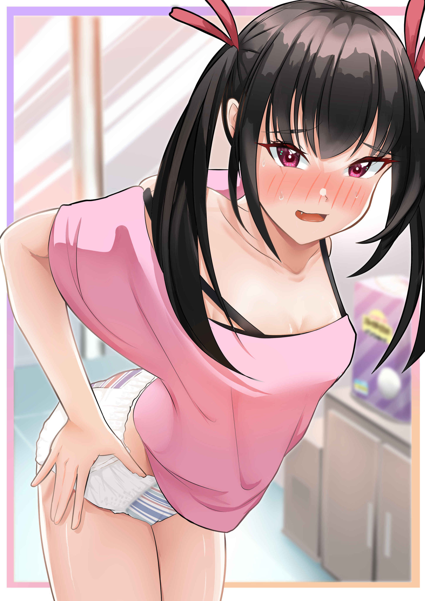 1girls, bent over, black hair, blush, breasts, diaper, highres, indoors, no pants, oerba yun fang, open mouth, pull-up diaper, purple eyes, red ribbon, ribbon, shirt, solo, standing, sweat, sypztep, twintails, white diaper