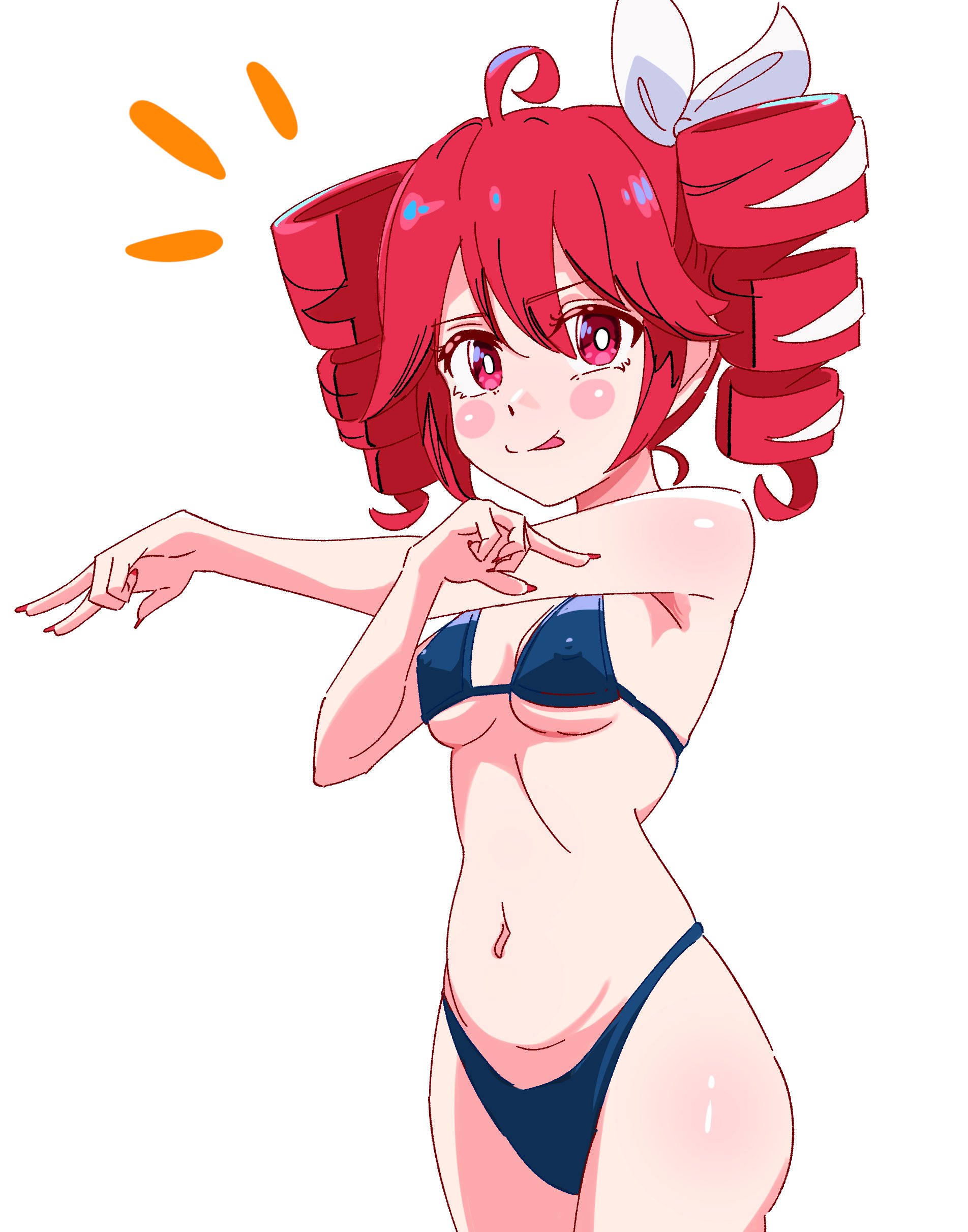 1girls, 2d, 2d (artwork), ahoge, ass, belly, bikini, blush, breasts, erect nipples, erect nipples under clothes, female, female only, hair ornament, hairbow, kasane teto, kasane teto (sv), licking lips, licking own lips, looking at viewer, medium breasts, navel, nipple bulge, nipples, petite, petite body, petite female, red eyes, red hair, rivetingroast, shiny skin, simple background, skinny, skinny female, slim girl, slim waist, solo, solo female, stretching, synthesizer v, thick thighs, thighs, tongue, tongue out, twin drills, upper body, upper body focus, utau, white background
