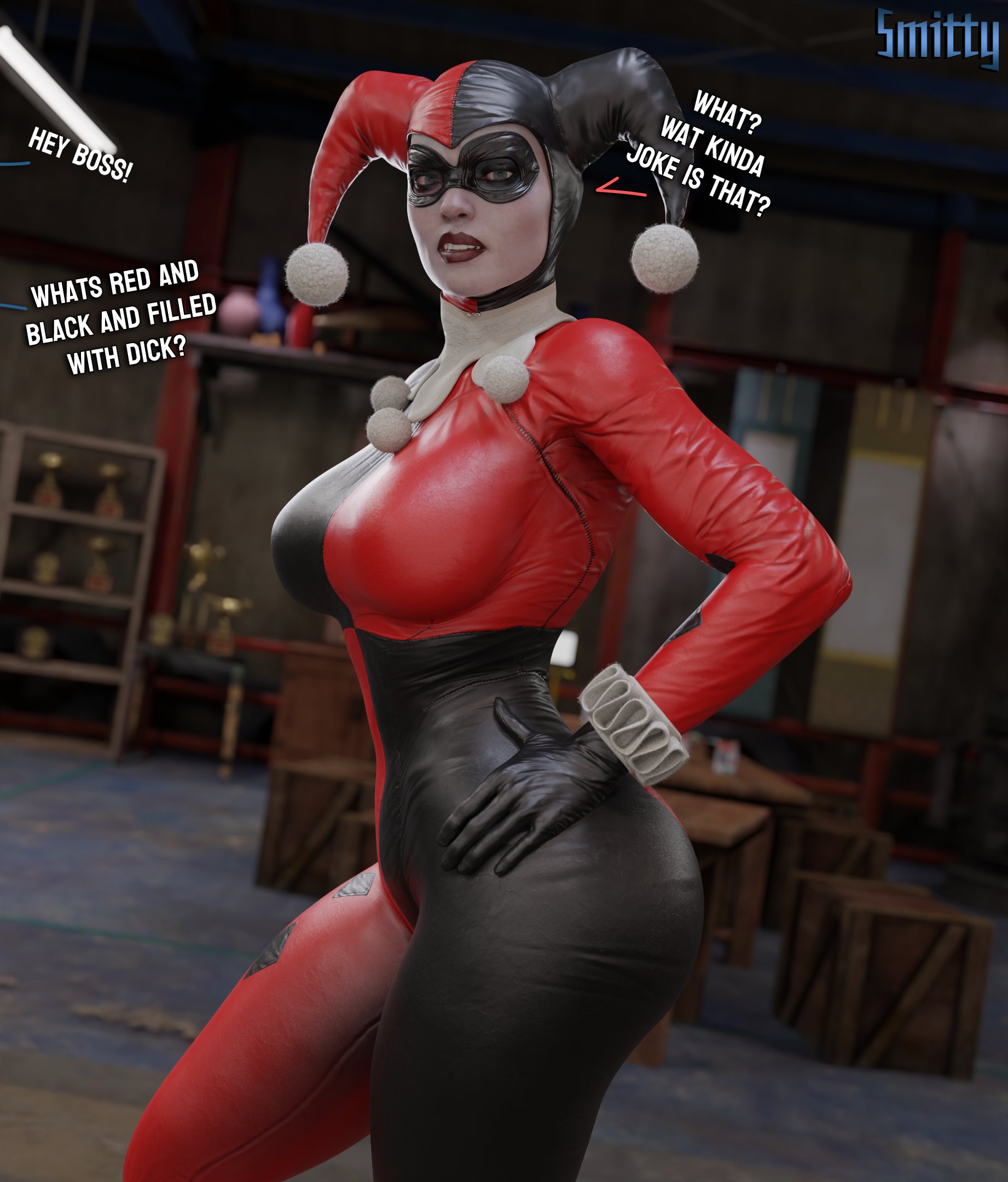 1girls, 2023, 3d, batman (series), batman: arkham knight, clown, clown girl, clueless, dc, dc comics, english text, female, female only, fully clothed, harley quinn, harley quinn (classic), harley quinn (injustice), injustice 2, jester, jester cap, jester costume, jester girl, jester hat, jester outfit, oblivious, offscreen character, pov, smitty34, solo, supervillain costume, supervillainess, text, tight clothing, villainess, white face, white facepaint