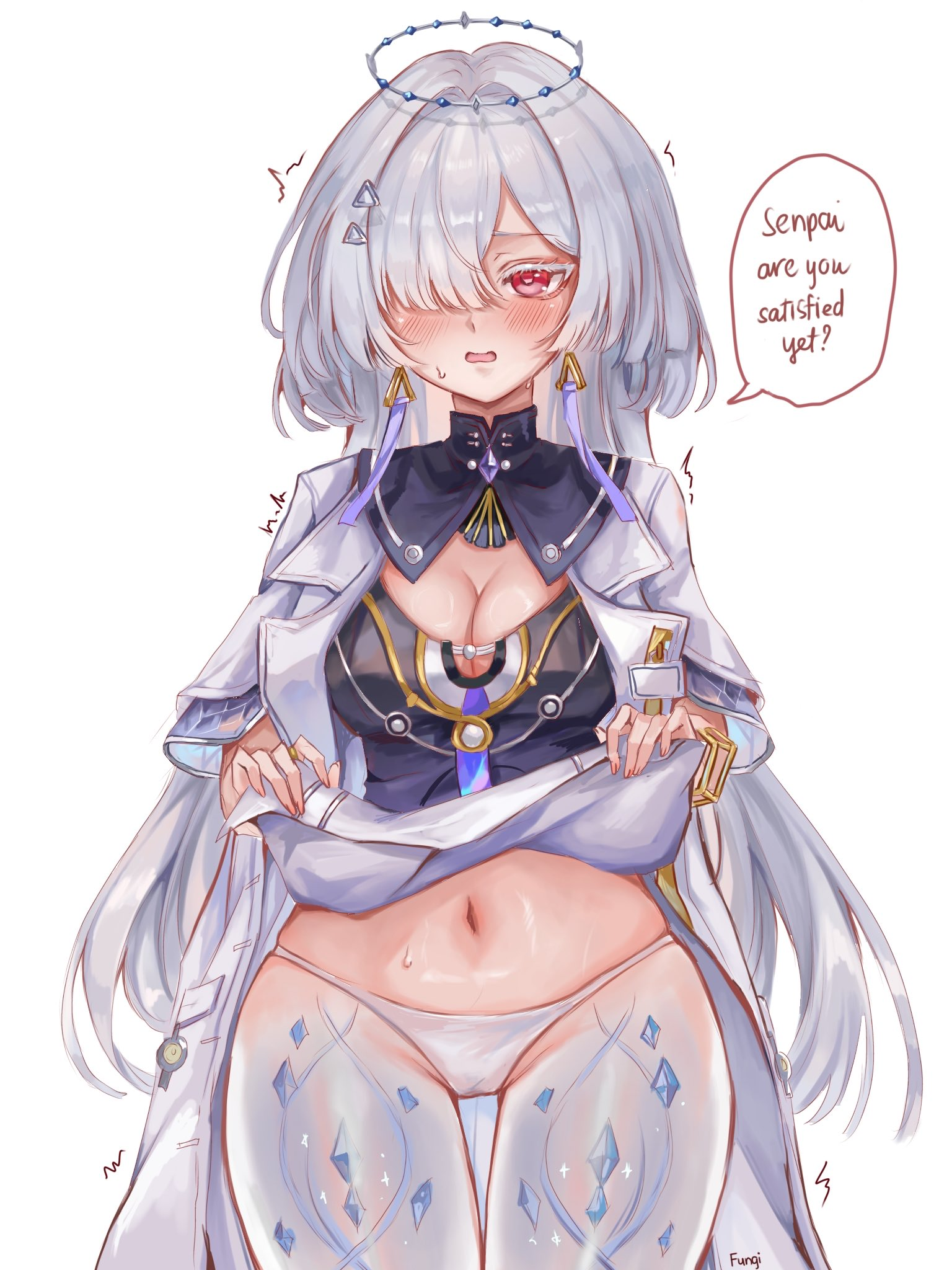 big breasts, big butt, big thighs, blush, flashing panties, mornye (wuthering waves), prosthetic leg, red eyes, thick thighs, thong, white hair, wuthering waves, yiuari kun