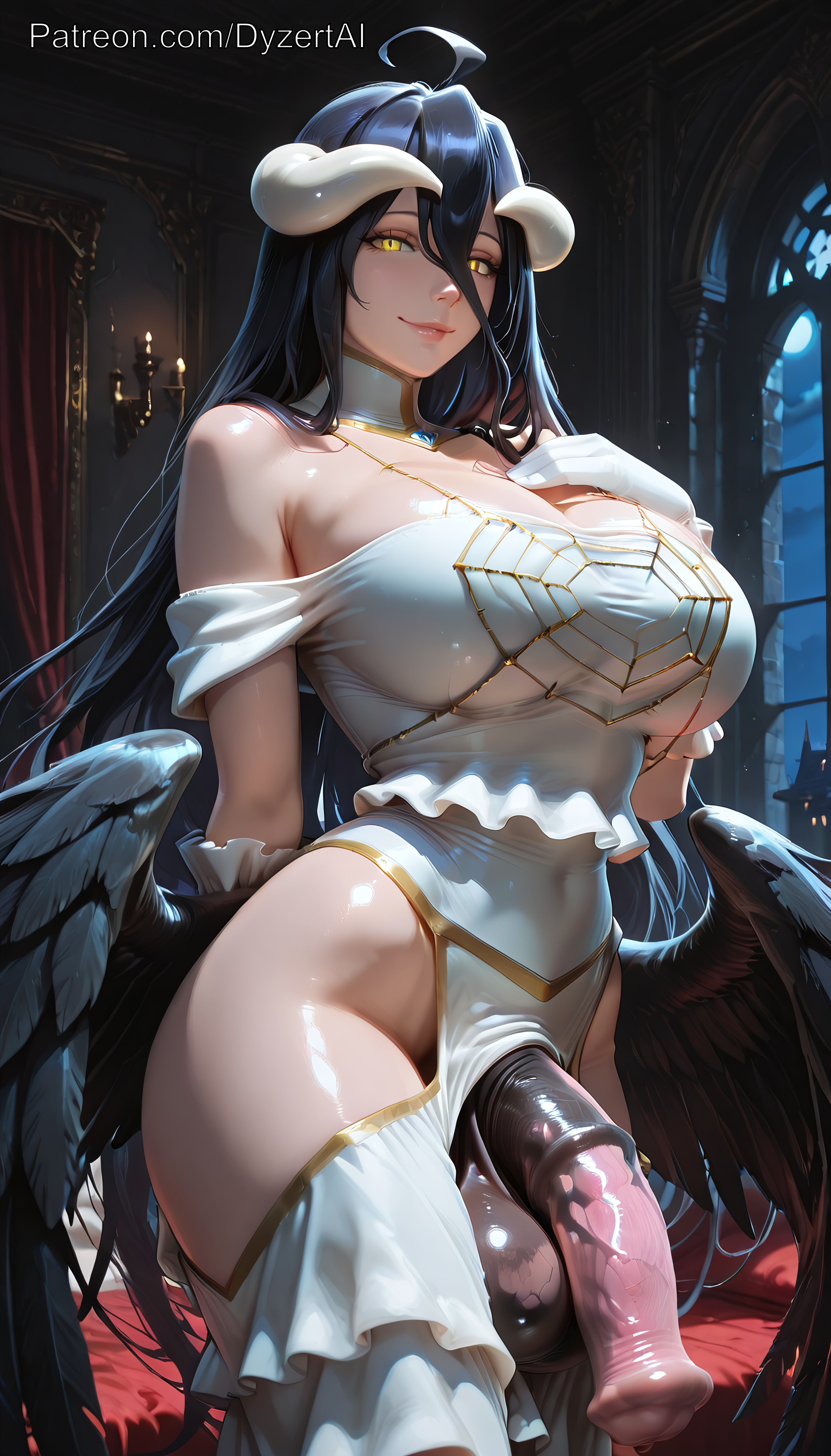 1futa, 2025, abs, ahoge, ai generated, albedo (overlord), animal genitalia, animal penis, bed, bedroom, black hair, breasts, covered abs, dark hair, dyzertai, futa only, futanari, hair between eyes, horn, horse penis, horsecock, horsecock futa, huge balls, huge breasts, huge cock, long hair, looking at viewer, night, overlord (maruyama), self upload, solo, white dress, wings, yellow eyes