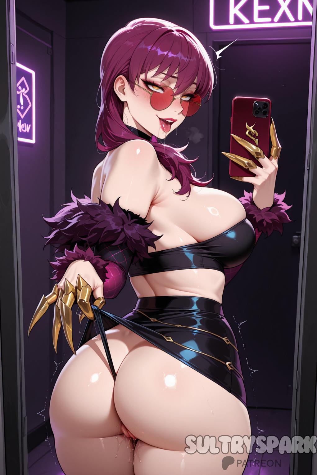 ai generated, ass, bare shoulders, black panties, blush, breasts, cellphone, claws, clothes lift, evelynn, female, futarush, holding, holding phone, k/da evelynn, k/da series, large breasts, league of legends, lipstick, long hair, looking at viewer, looking back, looking over eyewear, makeup, panties, patreon, patreon username, phone, purple hair, pussy, pussy juice, riot games, selfie, sideboob, skirt, smartphone, solo, sultryspark, sunglasses, thighs, thong, tinted eyewear, tongue, underwear, yellow eyes