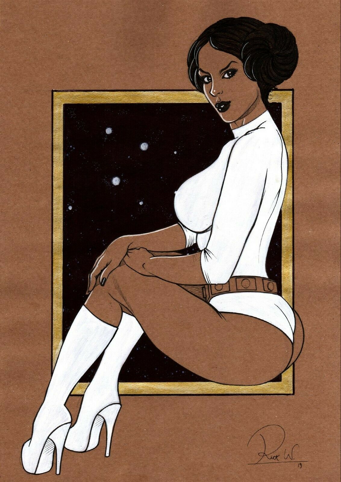 1girls 2019 2d a_new_hope alderaanian alternate_skin_color ass background bare_legs bedroom_eyes belt big_breasts black_lipstick black_nails bodysuit boots breasts brown_background brown_hair clothed clothed_female clothing dark-skinned_female dark_hair dark_skin dated ed_benes_studio eyelashes female female_only footwear full_body fully_clothed hair hair_bun hand_on_knee hand_on_leg heel_boots heels high_heel_boots high_heels human human_only indoors legs lips lipstick looking_at_viewer nail_polish nipples nipples_visible_through_clothing parted_lips pinup pose princess_leia_organa rick_waekmann_(artist) shoes side_view signature simple_background solo space star star_wars teeth white_clothing window