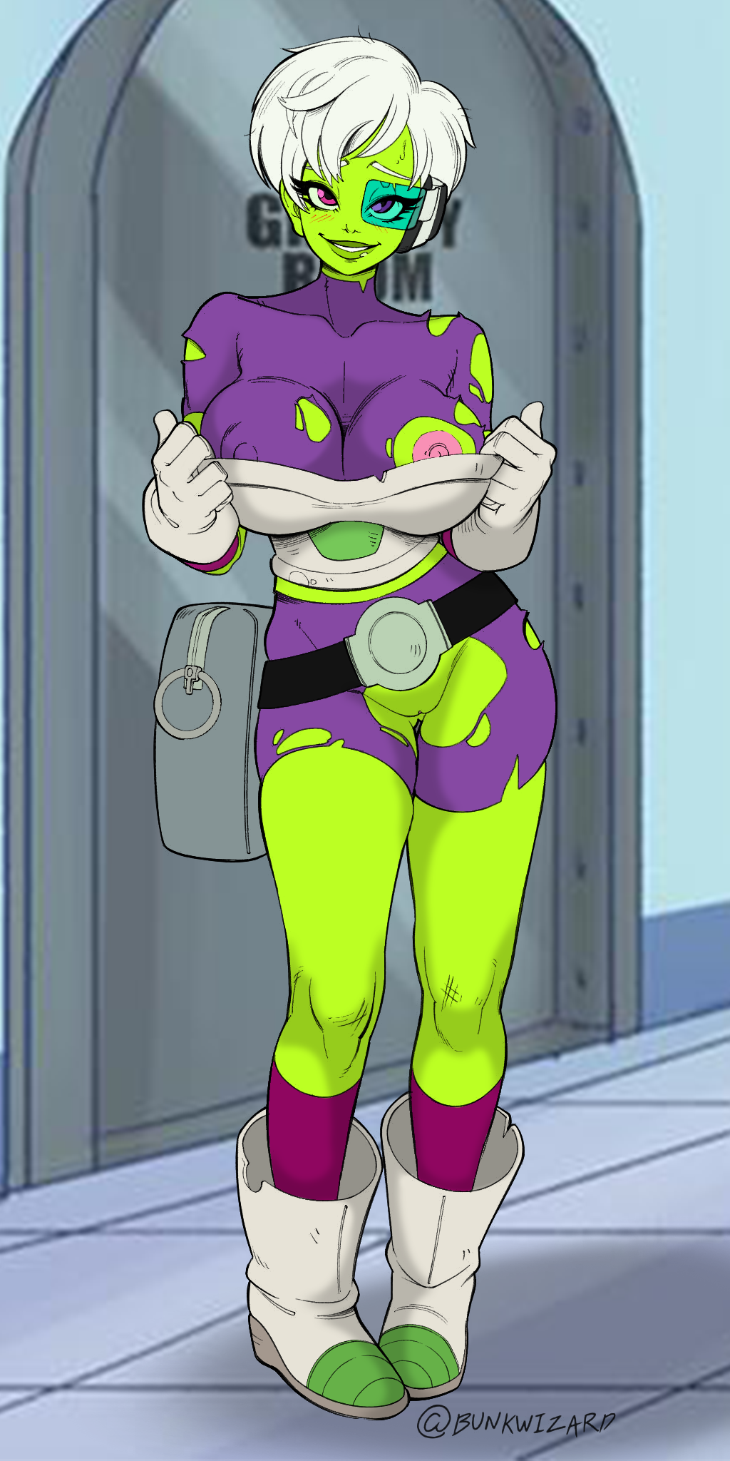 1girls alien_girl alternate_version_available breasts cameltoe cheelai cleavage crotchless_spats curvy dragon_ball dragon_ball_super erect_nipples female fresh_pussy green-tinted_eyewear green_skin huge_areolae huge_ass huge_breasts humanoid puffy_nipples risenhentaidemon scouter short_hair thick_lips tinted_eyewear voluptuous white_hair wide_hips