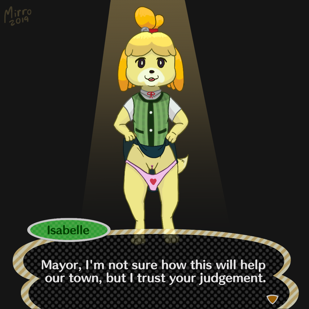 animal_crossing bell bottomwear clothed clothing clothing_lift dialogue english_text female furry isabelle_(animal_crossing) looking_at_viewer mirro nintendo panties partially_clothed presenting pussy skirt skirt_lift solo spotlight text underwear video_games