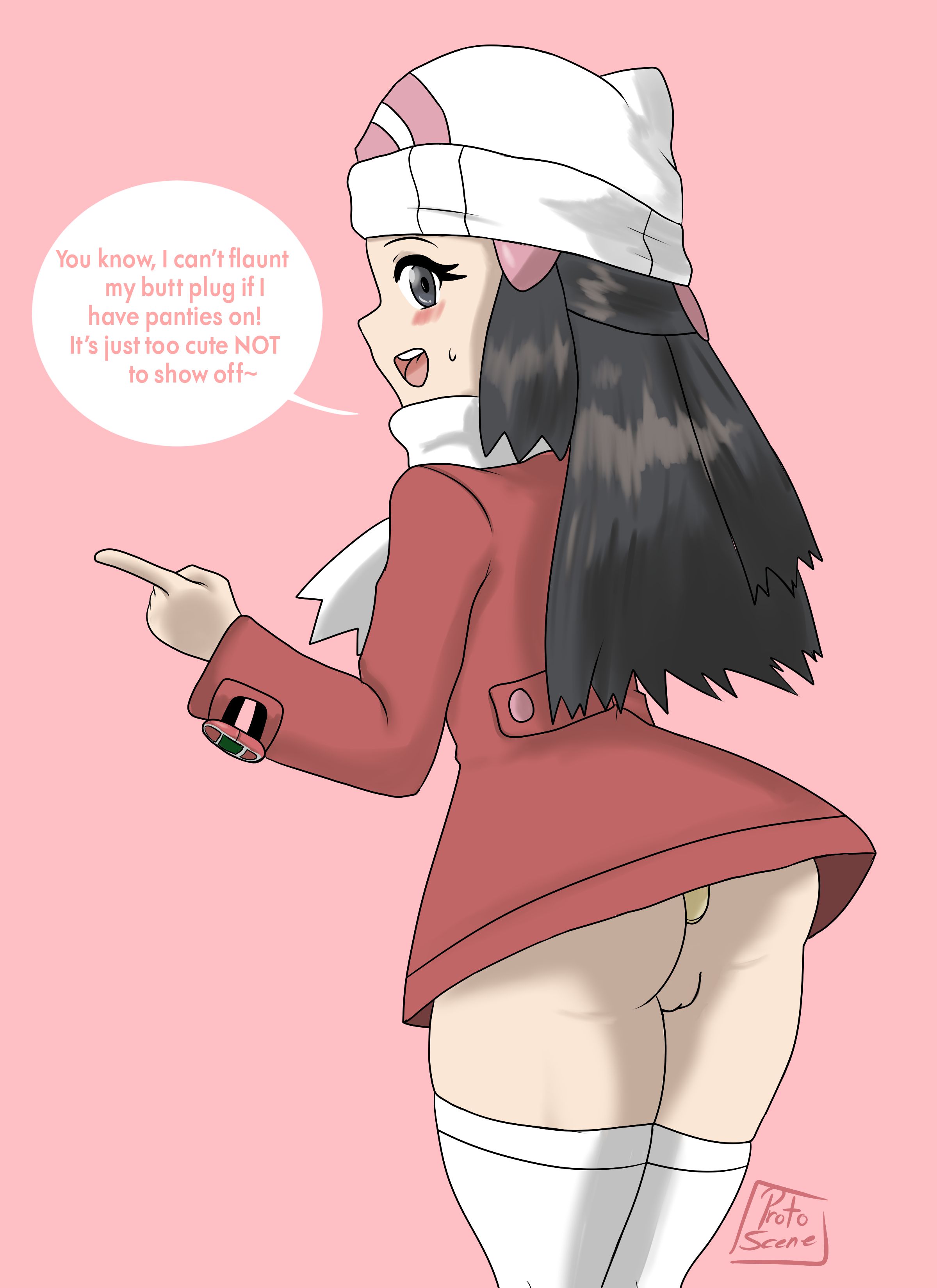 1girls, anal, anal plug, ass, backsack, balls, ballsack, blush, bottomless skirt, buttplug, clothed, dawn (pokemon platinum), dawn (pokemon), embarrassed, female, human, large ass, male, nintendo, no panties, pokemon, pokemon dppt, protoscene, skirt, skirt lift, solo, text, thick thighs, upskirt, watermark, wide hips