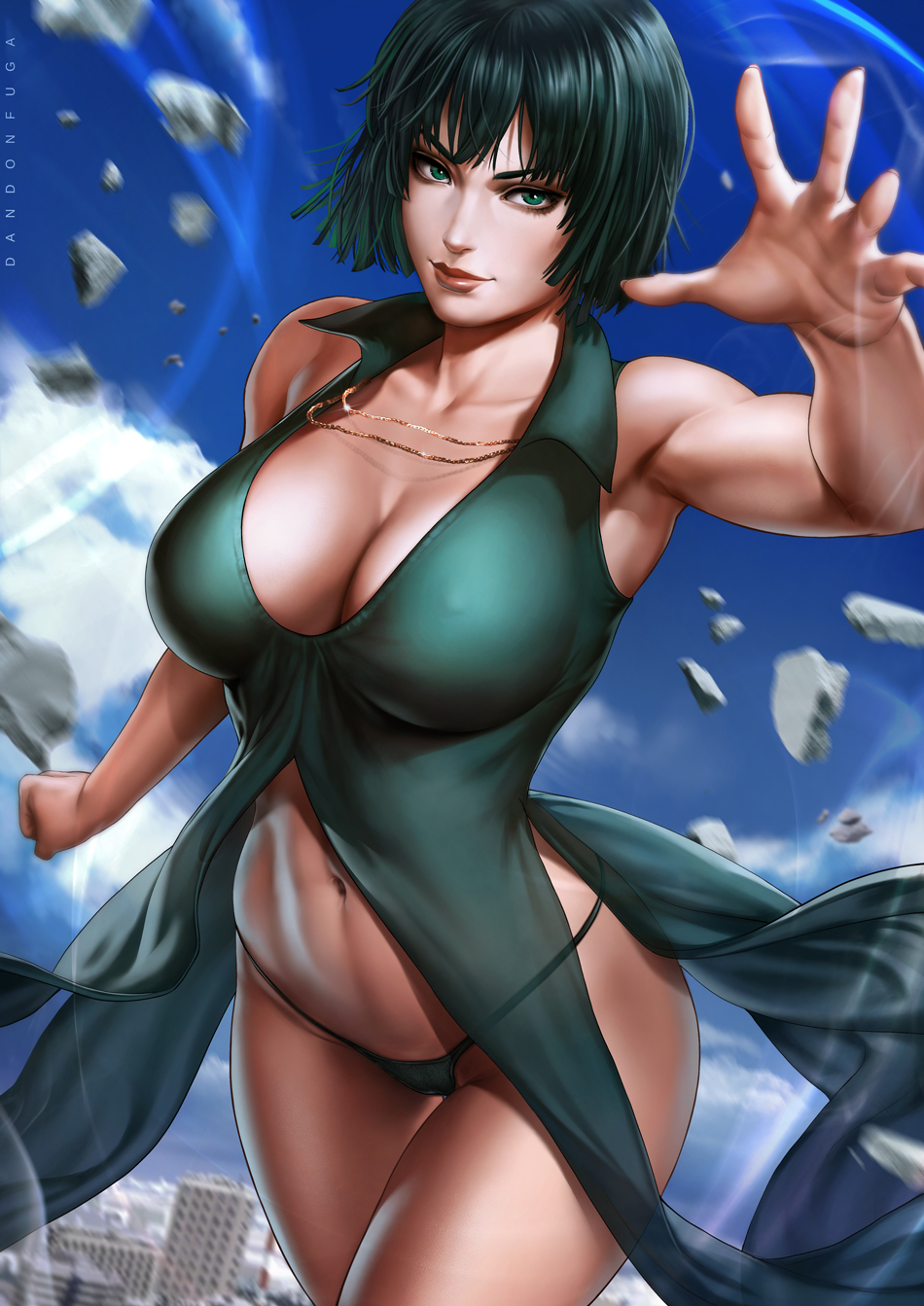 1girls, 2019, 2d, 2d (artwork), aerokinesis, arm up, armpit, artist name, big breasts, blurry background, breasts, city background, cityscape, cleavage, dandon fuga, day, dress, esper, female, female only, fubuki (one-punch man), green eyes, green hair, human, human only, large breasts, light skin, light-skinned female, looking at viewer, one-punch man, panties, pinup, powers, questionable, realistic proportions, short hair, solo, solo female, telekinesis, thigh gap, wind