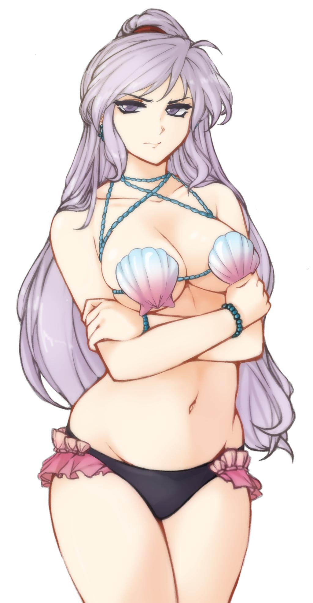 1girls arms_crossed bad_censor bare_arms bare_legs bikini breasts censored cleavage corrin_(female)_(fire_emblem)_(cosplay) covered_nipples covering female fire_emblem fire_emblem:_genealogy_of_the_holy_war fire_emblem_cipher gray_eyes gray_hair grey_eyes grey_hair ishtar_(fire_emblem) long_hair midriff navel nintendo ponytail purple_hair shell shell_bikini shy solo thighs tridisart unamused white_background