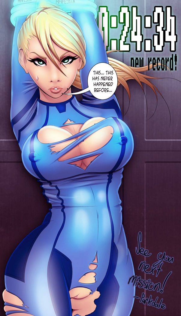 alternate_version beauty_mark bondage bound breasts cleavage edit exposed_pussy female female_only female_protagonist hair_between_eyes metroid nintendo nipples parkdale pokies ponytail pussy restrained ripped_clothing samus_aran speech_bubble sweatdrop tied_up torn_clothes