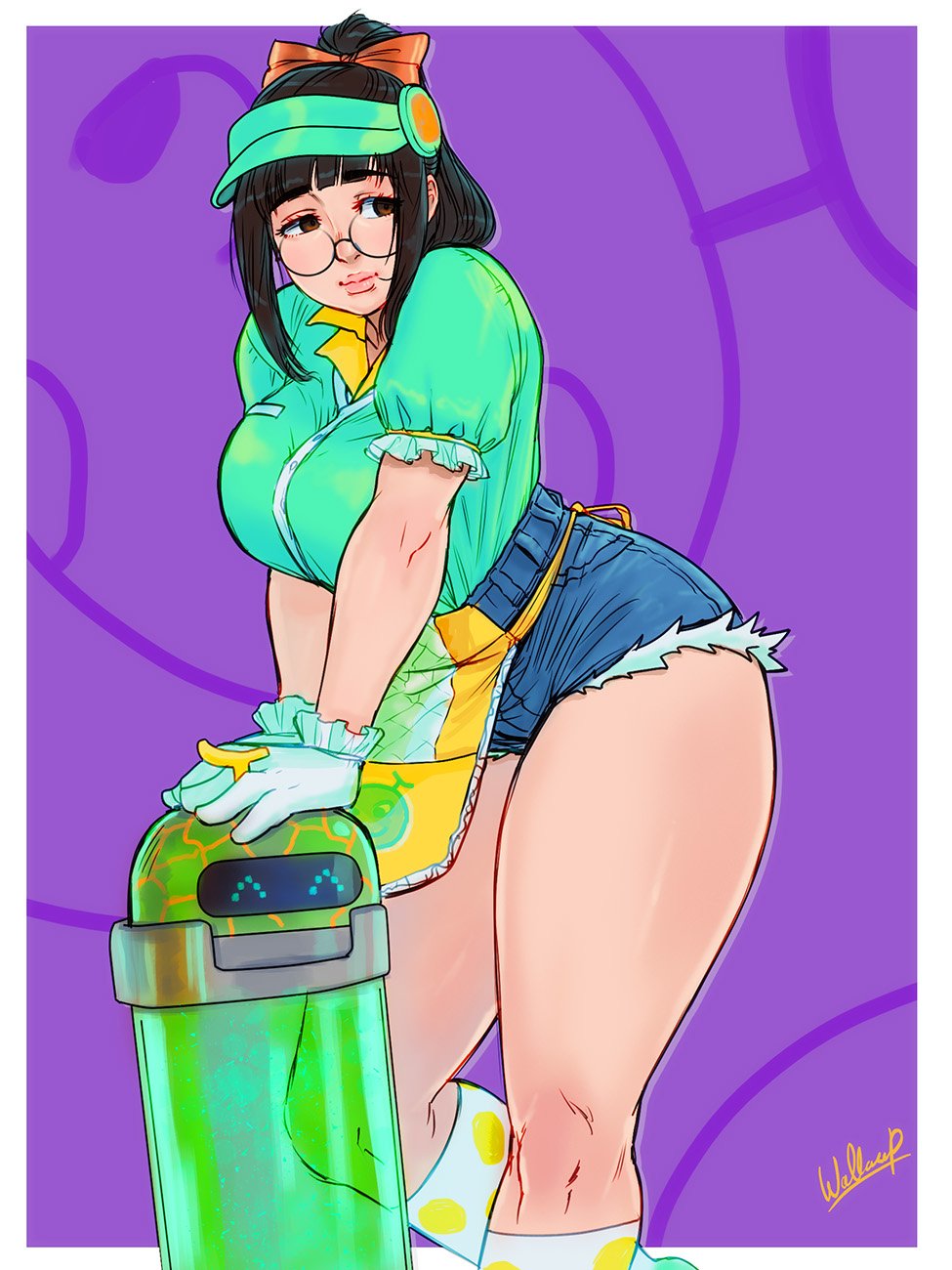 alternate costume, artist request, bare legs, big thighs, blizzard entertainment, chubby, curvy, female, glasses, honeydew mei, mei (overwatch), overwatch, overwatch 2, overwatch league, simple background, snowball (overwatch), thick thighs