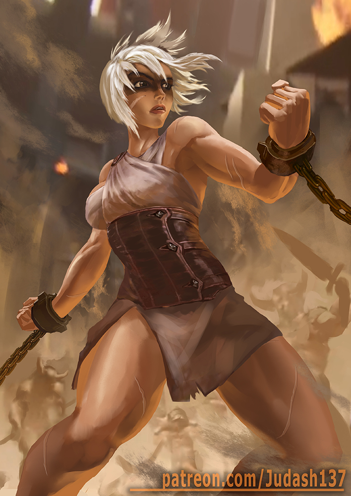 bare_shoulders bondage bound chains female hair_between_eyes judash137 league_of_legends legs looking_at_viewer makeup muscle open_mouth paid_reward patreon_reward restrained riven short_hair slave solo thighs toned white_hair