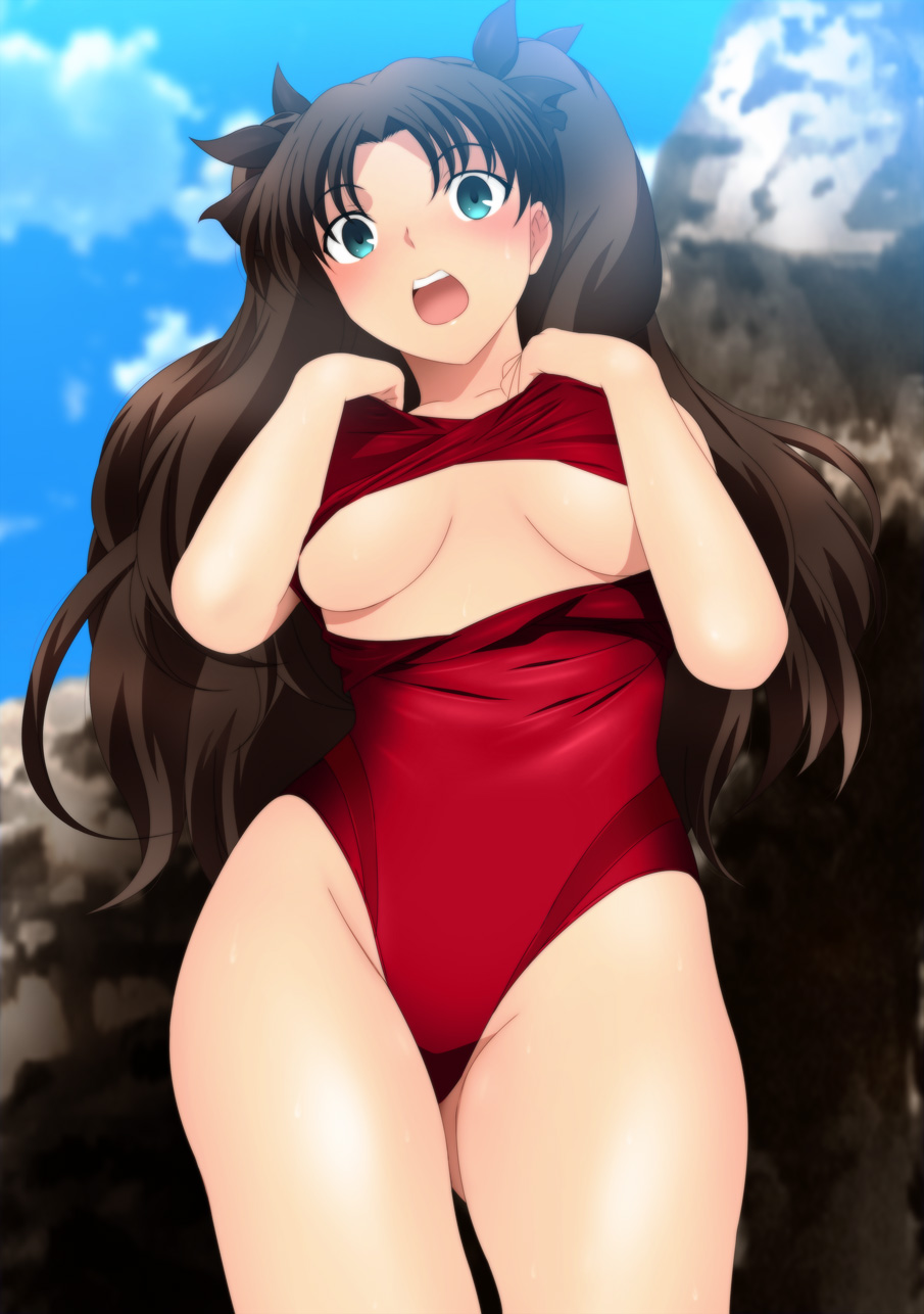 1girls black_hair blush embarrassed fate/stay_night fate_(series) female female_only long_hair shiny shiny_skin tagme tohsaka_rin yadokari_genpachirou