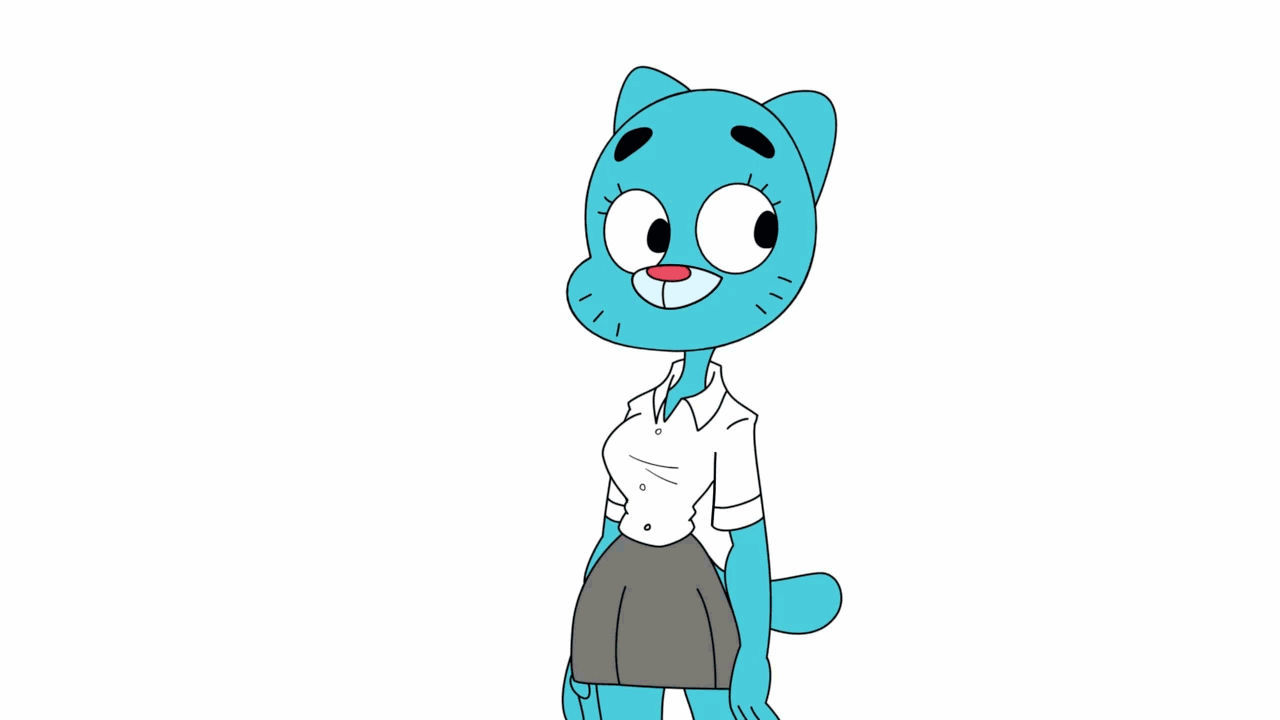 alakamame, animated, anthro, blue fur, breast expansion, breast growth, breast growth (enlargement), breasts, cat, expansion, female, fully clothed, funny, furry, nicole watterson, nipples, open shirt, shirt, short tail, skirt, the amazing world of gumball, tight shirt