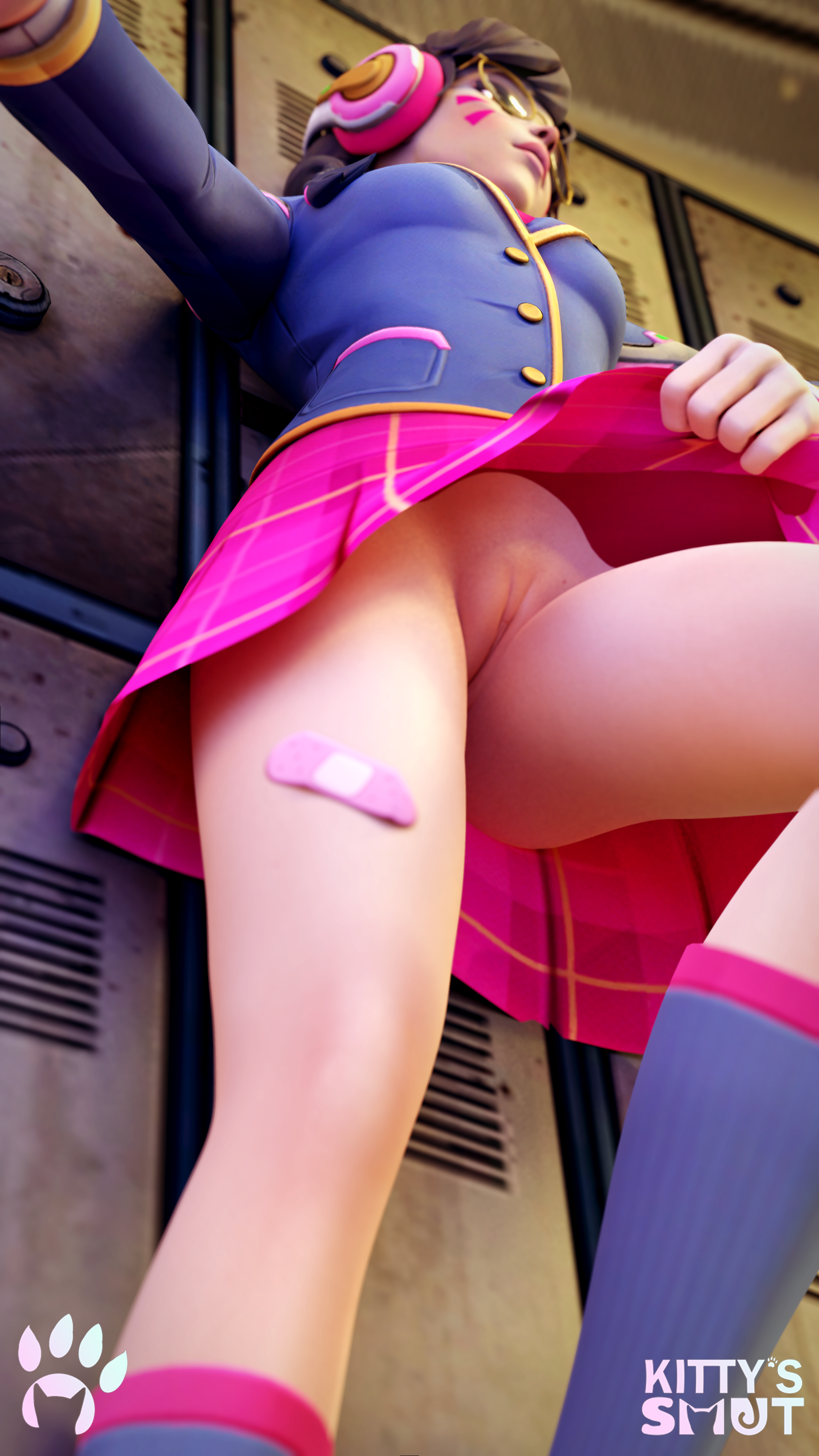 1girls, 3d, academy d.va, alternate costume, blender, brown hair, d.va, female, glasses, kittyssmut, legs, no panties, overwatch, overwatch 2, overwatch league, pussy, school uniform, skirt, skirt pull, solo