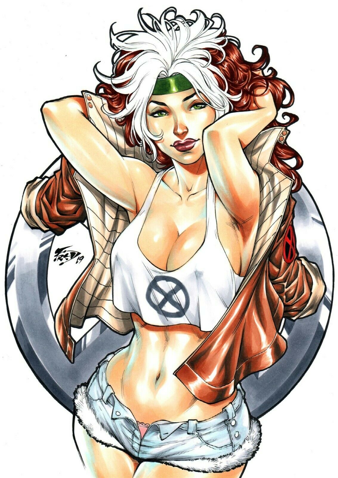 10s 2019 anna_marie armpits banana big_breasts breasts brown_hair ed_benes_studio female female_only fred_benes fur_trim green_bandana green_eyes green_headband hair hands_behind_head headband homo_superior hot_pants large_breasts long_hair marvel mutant nipple_bulge nipples_visible_through_clothing no_bra no_bra_under_clothes picot_trim picot_trim_panties pink_panties rogue_(x-men) solo tank_top two_tone_hair unbuttoned unbuttoned_shorts white_hair x-men