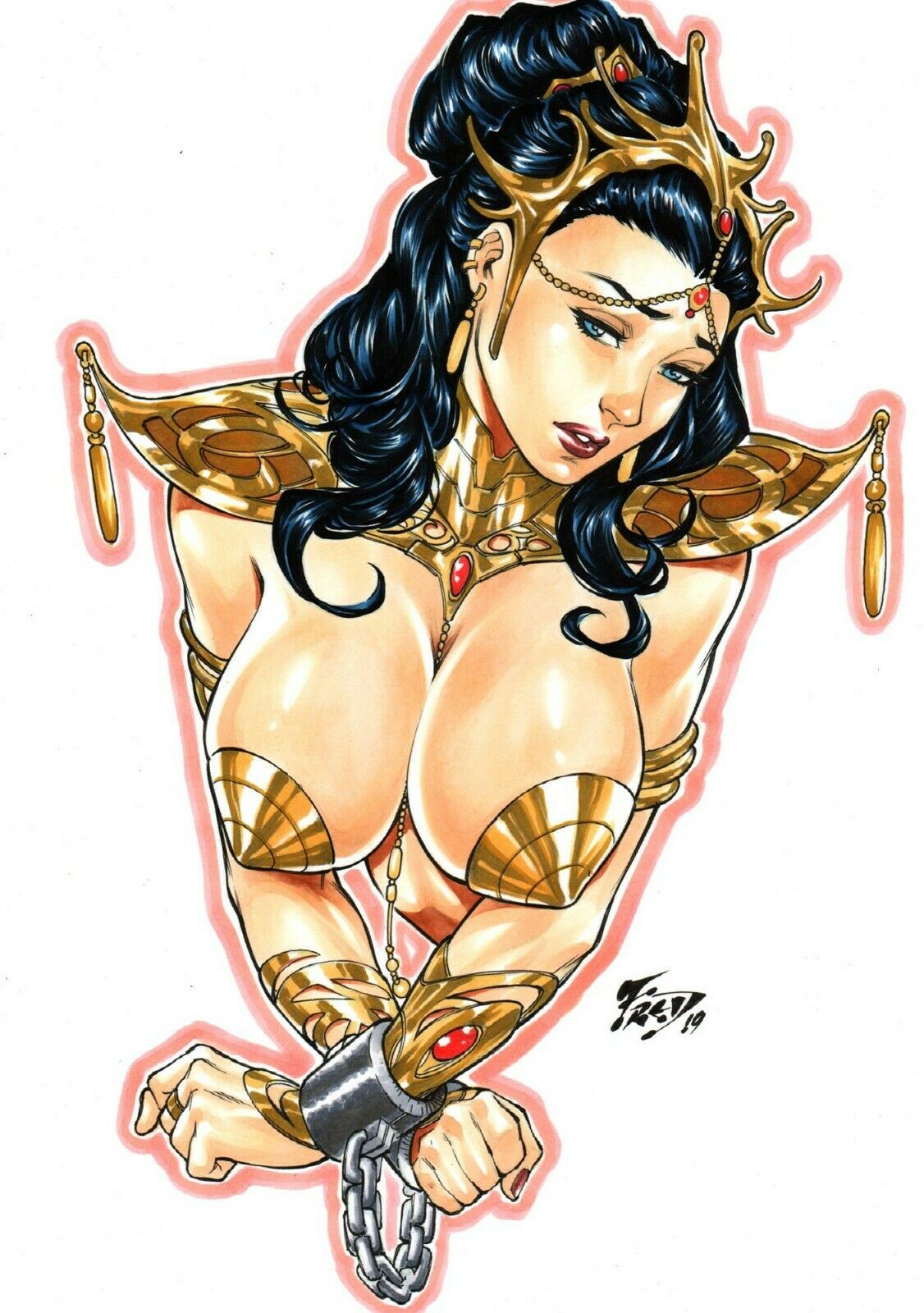 a_princess_of_mars barsoom big_breasts blue_eyes bondage bound_wrists breasts captured chained crown defeated dejah_thoris earrings ed_benes_studio enslaved_royal fred_benes jewelry john_carter john_carter_of_mars large_breasts pout red_lipstick royalty sad shackles slave wrist_cuffs