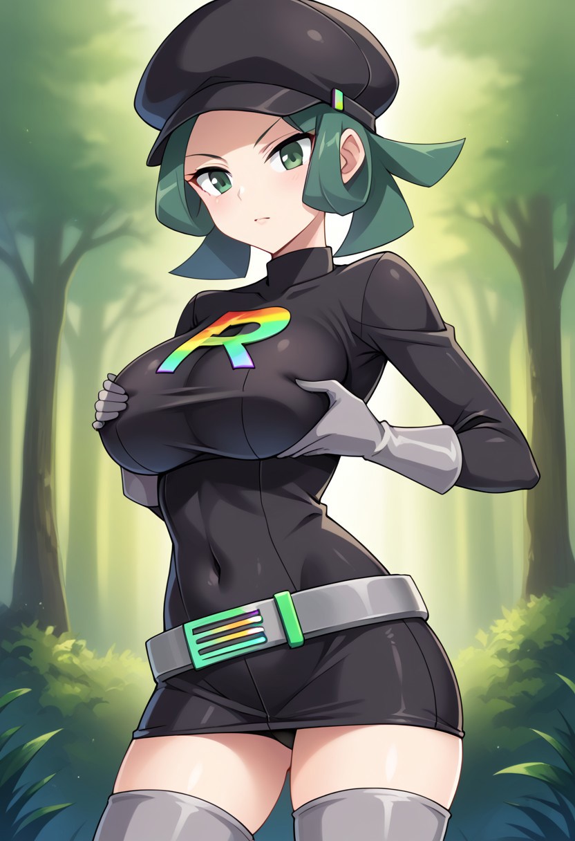 ai_generated arms_on_breasts belt big_breasts breast_grab civitai gloves grabbing_own_breast green_eyes green_hair large_breasts pokemon rocket_grunt