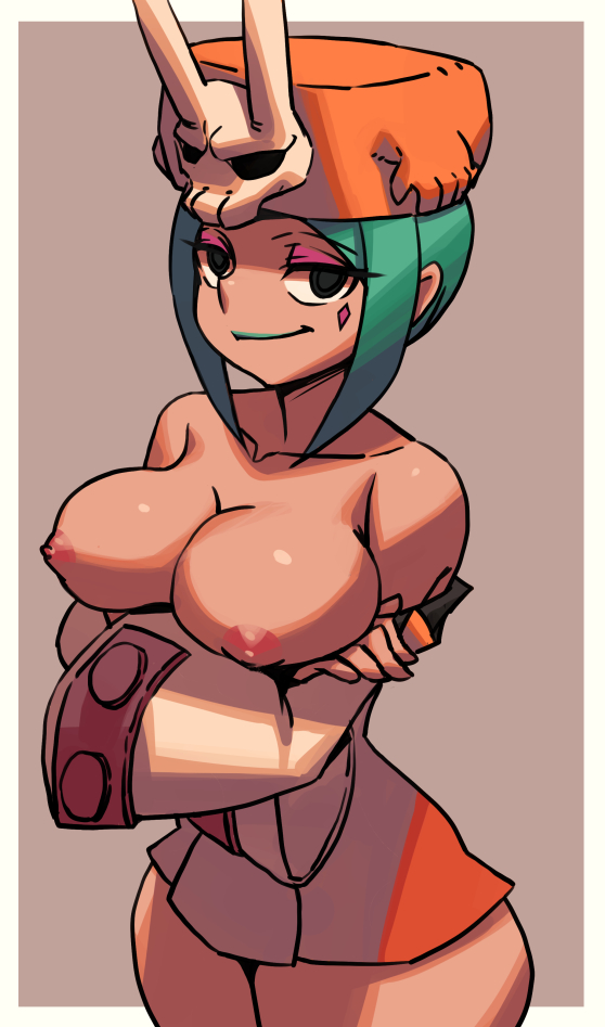 1girls, areolae, big breasts, black eyes, breasts, cassandra veranos, cerebella, clothing, female, female only, green hair, hair, monster, monster girl, nipples, skullgirls, solo, vice-versa, video games, zakusi