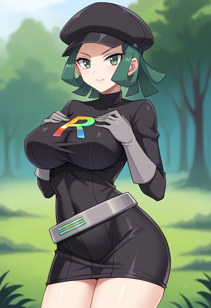 ai_generated arms_on_breasts belt big_breasts breast_grab civitai gloves grabbing_own_breast green_eyes green_hair large_breasts pokemon rocket_grunt