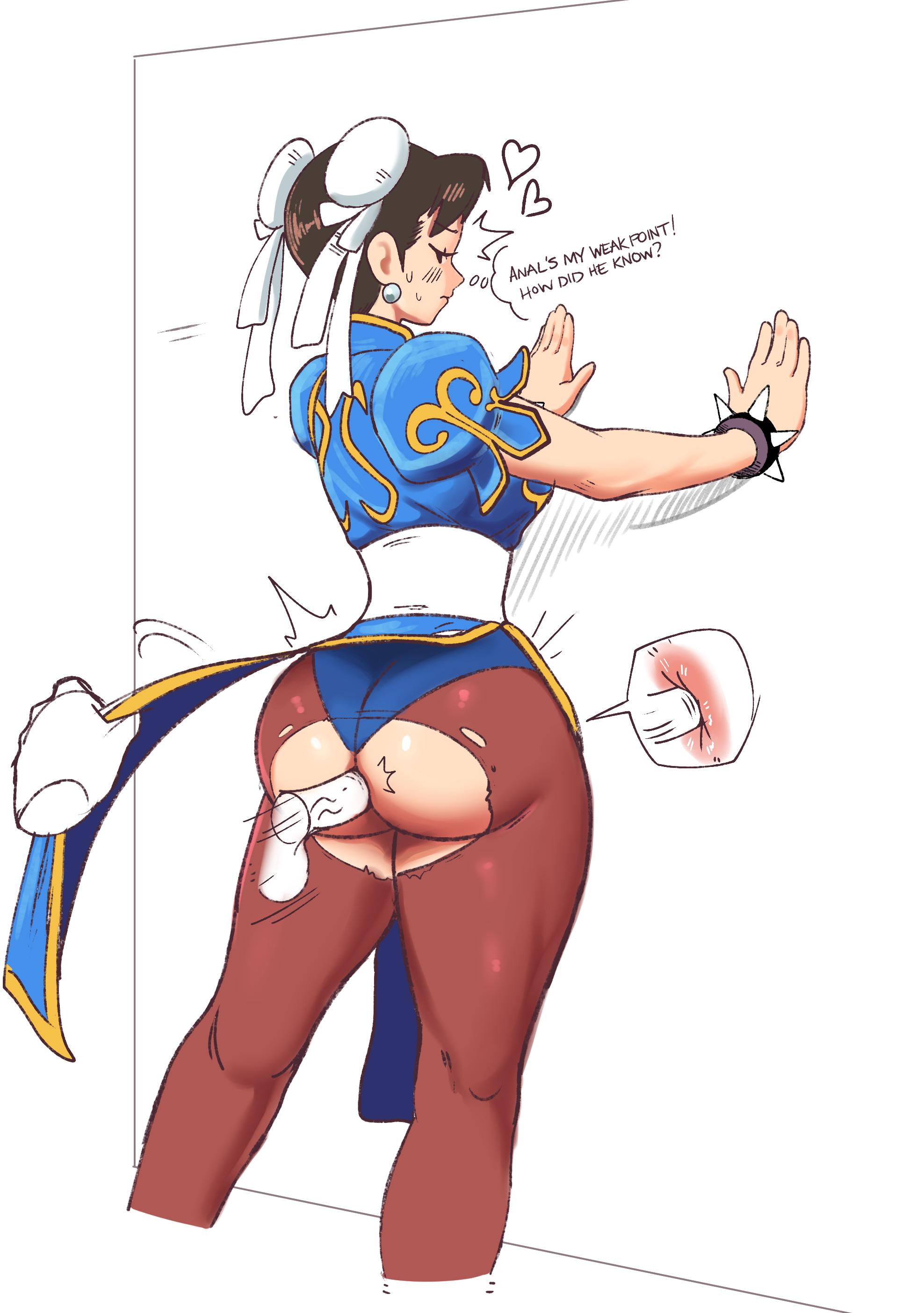 1boy, 1girls, against wall, anal, anal insertion, anal sex, anus, asian, ass, big penis, blue panties, blue underwear, breasts, brown hair, buttholemagick, capcom, chun-li, dialogue, disembodied hand, disembodied penis, earrings, exposed ass, female, female focus, hair, heart, highres, human, insertion, legs, looking back, male, male penetrating, motion lines, pantyhose, penetration, penis, ripped clothing, ripped leggings, sex, speech bubble, spiked bracelet, street fighter, street fighter ii, text, thick thighs, thighhighs, thighs, torn clothes, torn clothing, torn pantyhose, unseen male face, veiny penis