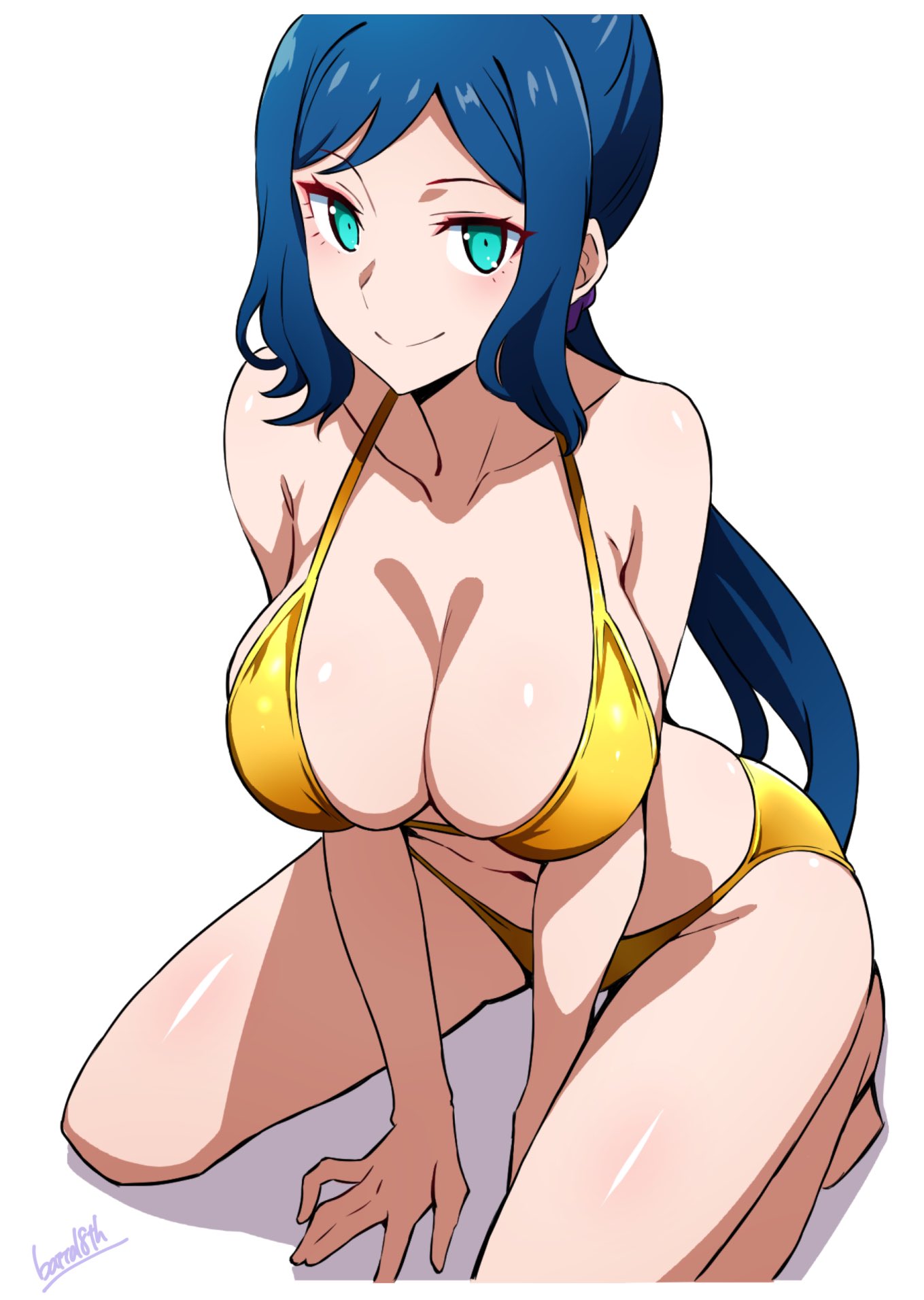 batta_16-sei bikini blue_eyes blue_hair breasts cleavage commentary_request female gundam gundam_build_fighters highres iori_rinko large_breasts long_hair looking_at_viewer low_ponytail mature_female seiza simple_background sitting solo swimsuit white_background yellow_bikini