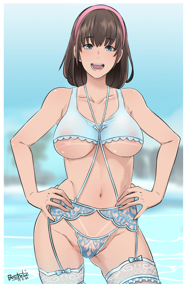 blue lingerie, blue stockings, breasts, brown hair, butcha-u, dead or alive, dead or alive xtreme beach volleyball, eroquis, female, g-string, garter belt, garter straps, hands on hips, hitomi (doa), large breasts, lingerie, panties, short hair, solo, standing, stockings, tanline, tecmo, thighhighs, underboob