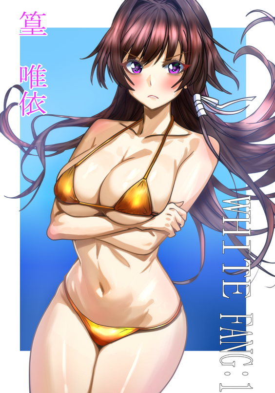 bikini blue_background breasts brown_hair character_name cleavage commentary_request cowboy_shot crossed_arms curvy female gold_bikini gradient_background kisaragi_shokuin large_breasts long_hair looking_at_viewer lowleg lowleg_bikini muv-luv muv-luv_alternative muv-luv_total_eclipse purple_eyes solo standing swimsuit takamura_yui