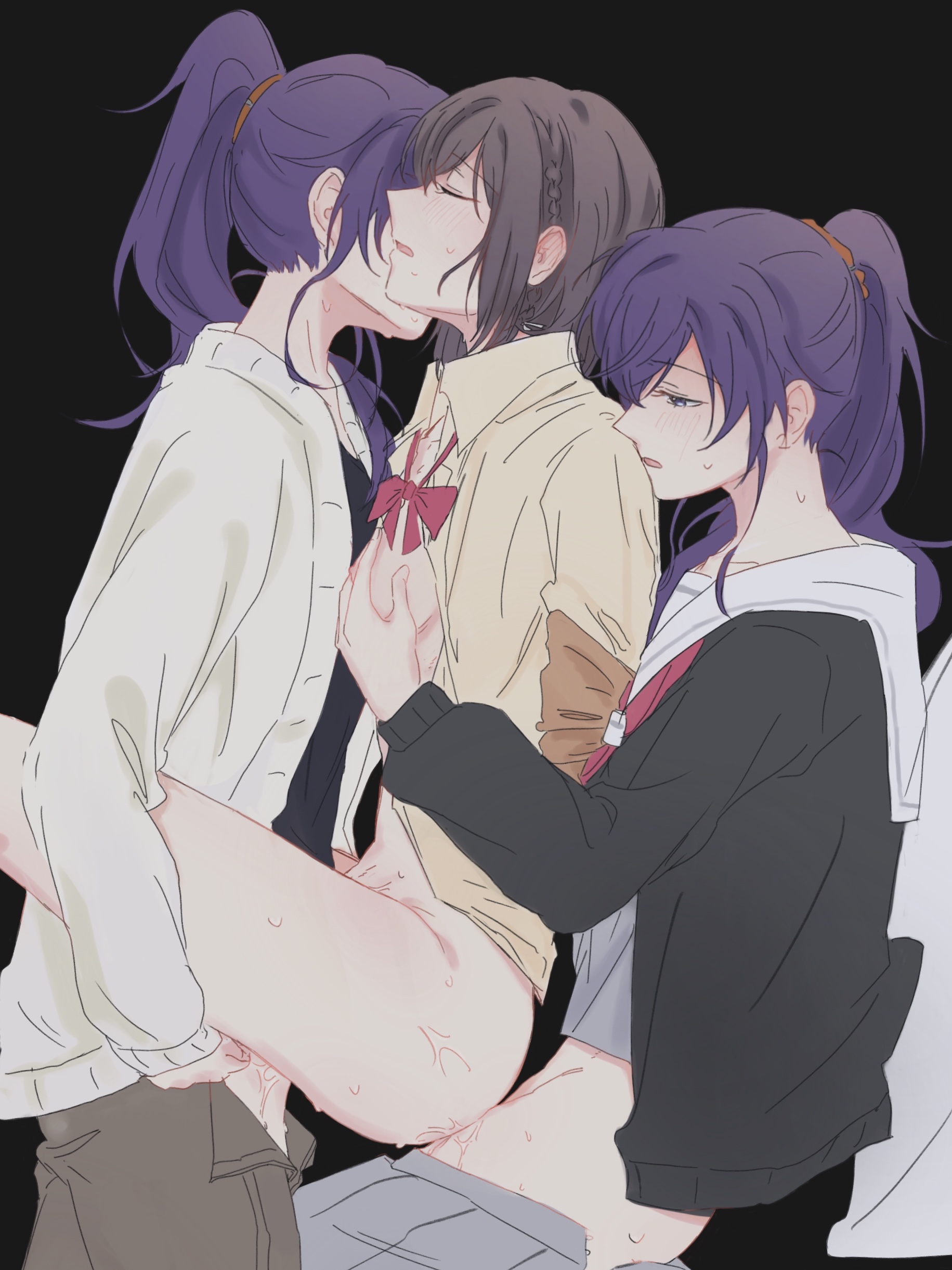 1girls, 2futas, anal, anal insertion, anal sex, areola, areolae, asahina mafuyu, ass, black hair, blush, bottomless, breasts, breasts out, brown hair, closed eyes, clothed, clothing, completely naked, completely nude, erection, female, futanari, high resolution, highres, human, implied futa, intersex, iynyozora, light skin, light-skinned female, light-skinned futa, medium breasts, mostly clothed, naked, nipples, nude, nude female, partially clothed, partially clothed female, partially nude, partially undressed, penis, project sekai, purple eyes, purple hair, pussy, school, schoolgirl, sex, shinonome ena, short hair, threesome, tits out, uniform, vaginal insertion, vaginal penetration, vaginal sex