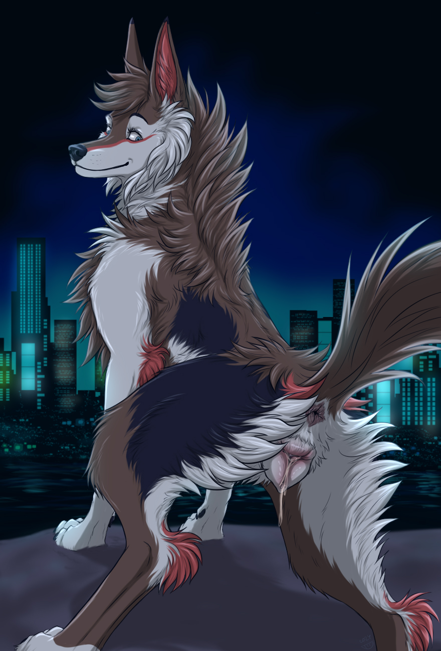 anatomically_correct anatomically_correct_anus anatomically_correct_genitalia anatomically_correct_pussy animal_genitalia animal_pussy anus ass black_body black_fur blush bodily_fluids brown_body brown_eyes brown_fur building canid canine canine_genitalia canine_pussy canis city city_background cityscape claws detailed_background digitigrade dorosheva-e dripping dripping_pussy eyelashes female feral fluffy fluffy_tail fur genital_fluids genitals hi_res inner_ear_fluff leaking looking_at_viewer looking_back mammal multicolored_body multicolored_fur neck_tuft night outside paws pink_anus pink_inner_pussy presenting presenting_anus presenting_hindquarters presenting_pussy pussy pussy_juice_drip quadruped raised_tail rear_view red_body red_fur red_inner_ear red_inner_ear_fluff sky smile solo spread_legs spreading tail tuft vaginal_fluids white_body white_fur white_pussy wolf