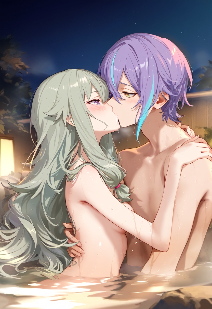 1boy 1boy1girl 1girl1boy 1girls ai_generated b belly belly_button blush breasts breasts_out completely_naked completely_naked_female completely_nude completely_nude_female f female g green_hair high_resolution highres kissing naked navel onsen purple_eyes purple_hair small_breasts thighs tits_out tummy yellow_eyes