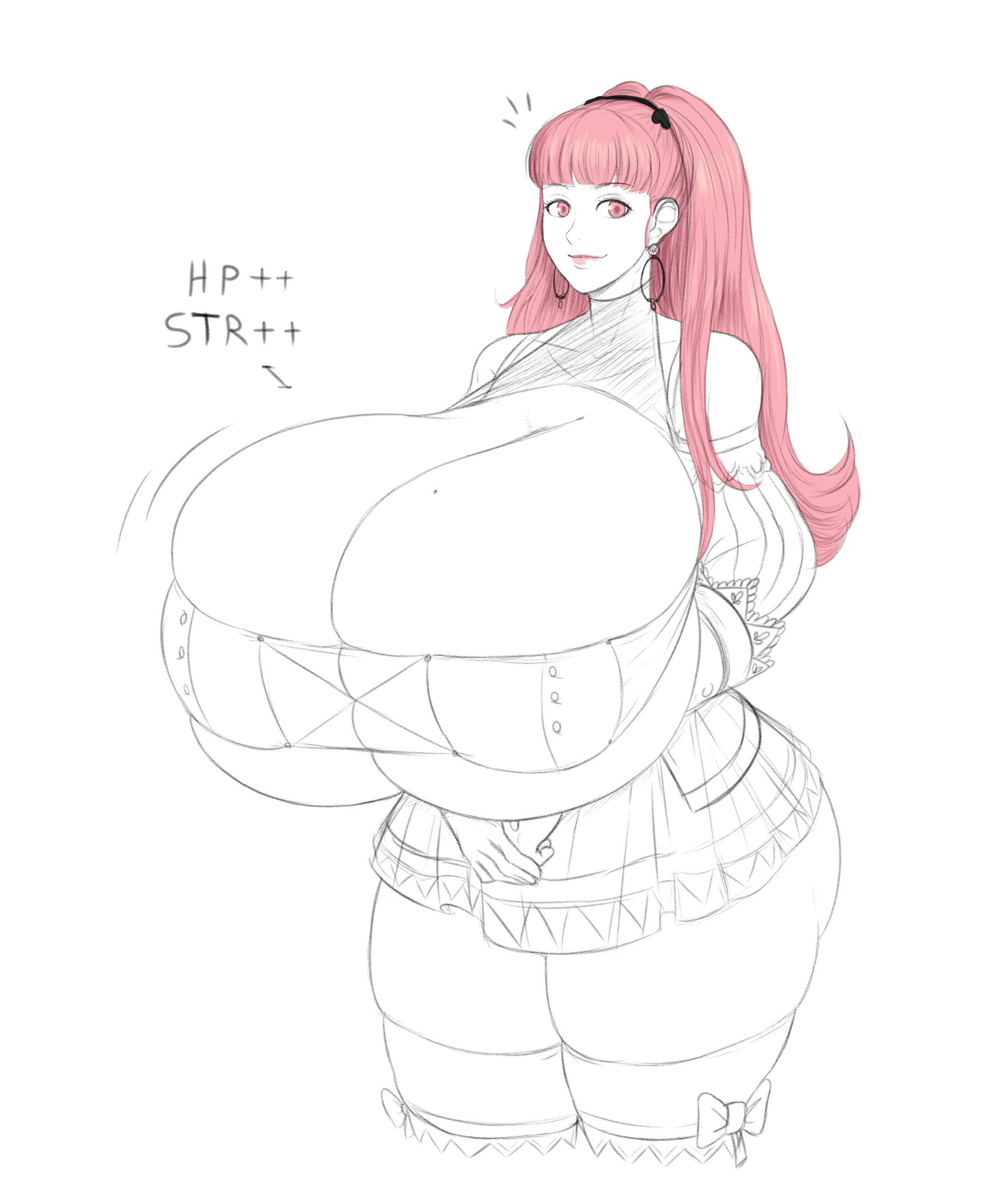 1girls, alternate breast size, ass, breast expansion, breast growth, breast growth (enlargement), breasts, cleavage, female, fire emblem, fire emblem: three houses, franktonius, hilda valentine goneril, huge ass, huge breasts, hyper breasts, mole on breast, naughty face, near monochrome, post-timeskip, seductive, seductive smile, sketch, smile, solo, source request, thick thighs