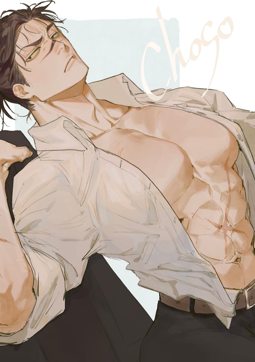bara, choso kamo, jujutsu kaisen, male, male only, muscular, muscular chest, muscular male, open shirt, suggestive, yaoi