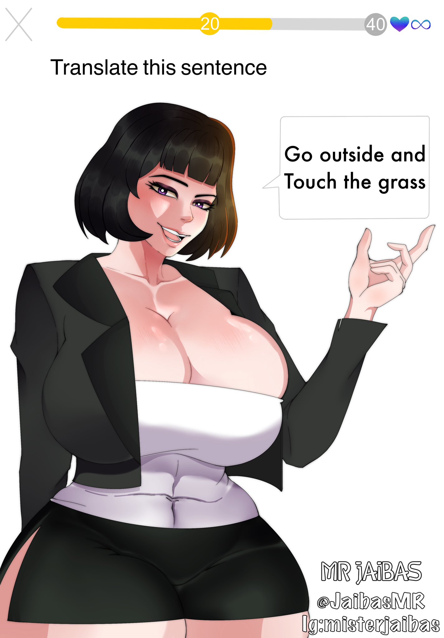 1girls, asian, asian female, big breasts, black eyelashes, black eyes, black hair, black jacket, black skirt, black-haired female, blunt bangs, breasts, chinese, chinese female, chinese text, cleavage, collarbone, commentary, copyright request, cropped jacket, dialog, dialogue, duolingo, english commentary, english dialogue, english text, eyebrows visible through hair, female, female focus, female only, gigantic breasts, hair between eyes, highres, hourglass figure, huge boobs, huge breast, huge breasts, jacket, large boobs, large breasts, large tits, light skin, light-skinned female, long sleeves, looking at viewer, massive boobs, massive breasts, massive tits, meme, mr jaibas, oc, open clothes, open jacket, open mouth, original character, pointy chin, shirt, short hair, simple background, skindentation, skirt, smile, solo, speech bubble, teeth, text, text bubble, the glass girl, the glass girl (duolingo), the glass girl (original character), touch grass (meme), upper teeth, white background, white shirt