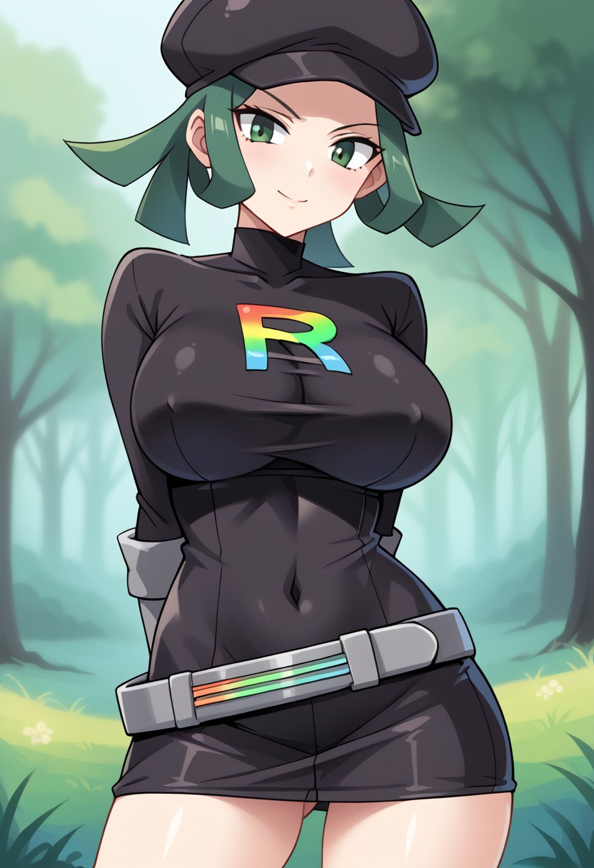 ai_generated arms_behind_back belt big_breasts civitai gloves green_eyes green_hair large_breasts pokemon rocket_grunt team_rainbow_rocket