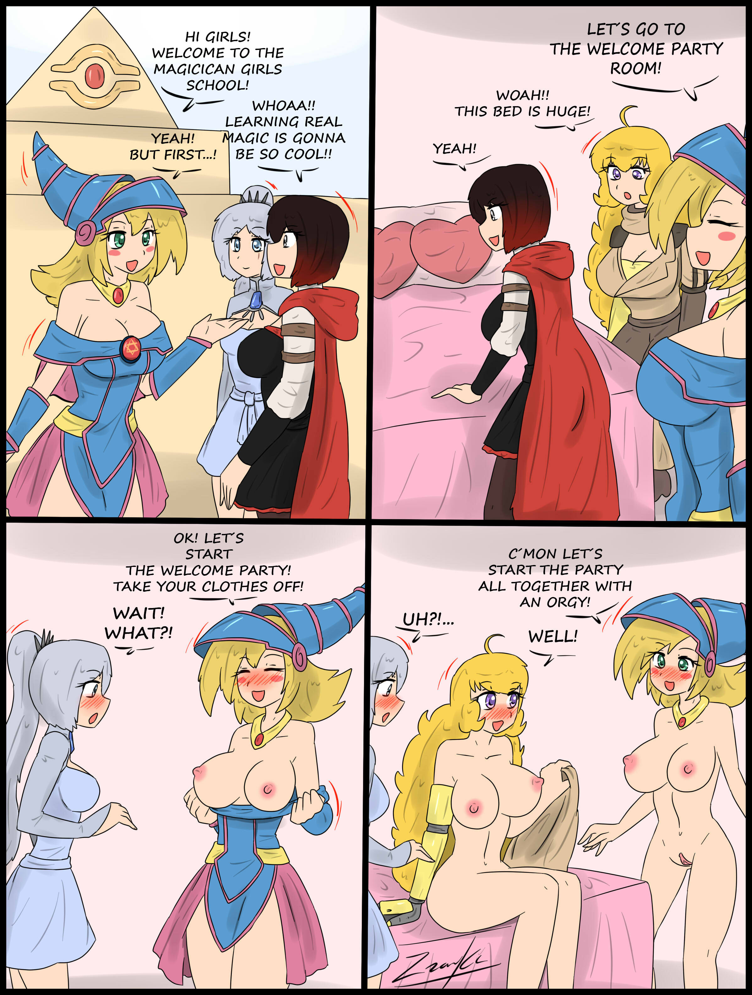 4girls, black magician girl, blake belladonna, cleavage, clothed, clothing, comic, crossover, dark magician girl, eastern and western character, faunus, female, female only, human, konami, multiple females, multiple girls, orgy, prosthetic, prosthetic arm, pussy, robotic arm, rooster teeth, ruby rose, rwby, team rwby, undressing, vagina, weiss schnee, yang xiao long, yu-gi-oh!, yuri, zronku