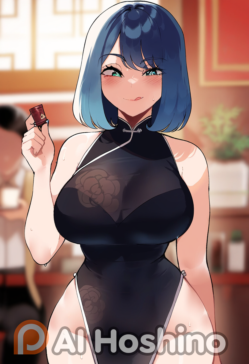 ai_generated blue_hair blush china_dress chinese_clothes drink female green_eyes highres hoshino_ai_(generated) kurokawa_akane leggings looking_at_viewer low_neckline naughty_face oshi_no_ko portrait tea_store thiccwithaq_(ai_style) tongue tongue_out upper_body