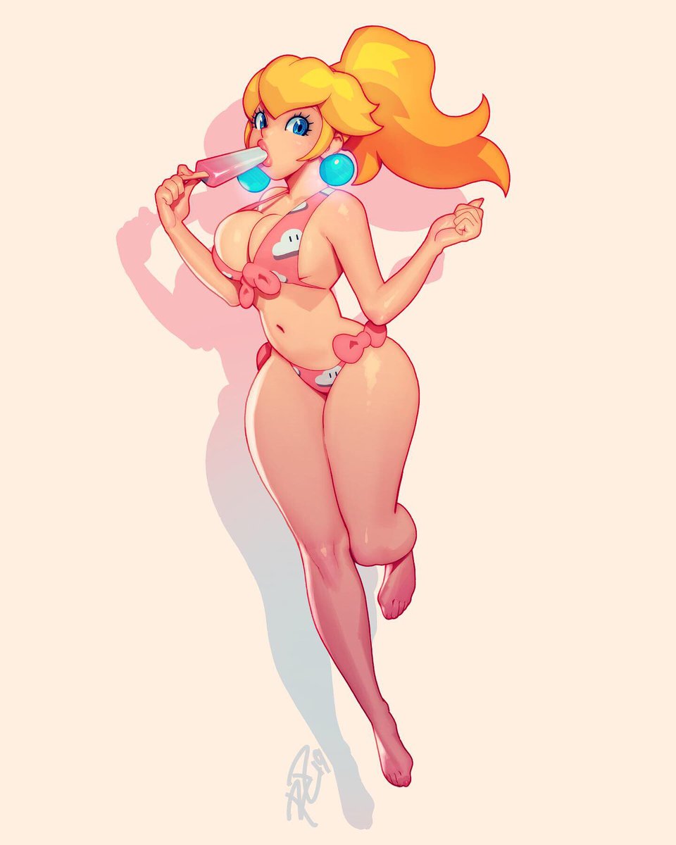 1girls 2019 5_fingers 5_toes barefoot bikini blonde_hair blue_eyes breasts cleavage curvy cute earrings eyebrows eyelashes feet female female_only food front-tie_bikini full_body human human_only ice_cream lipstick long_hair looking_at_viewer mario_(series) medium_breasts midriff nail_polish negarobo nintendo pink_background pink_bikini pink_lipstick ponytail popsicle princess_peach royal royalty side-tie_bikini simple_background solo standing swimsuit thick_thighs tied_hair toenail_polish toes video_games wide_hips