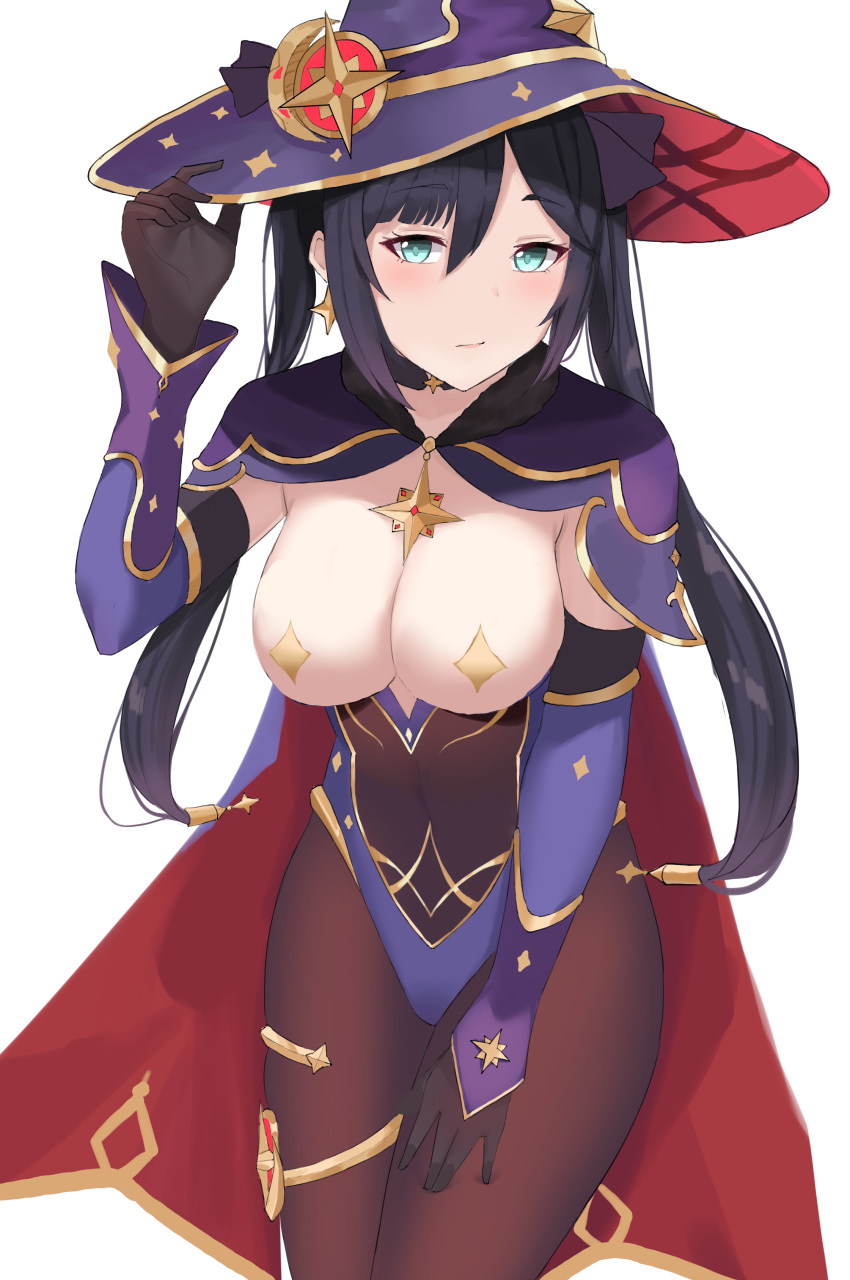 1girls, black hair, blue eyes, breasts, cape, clothing, covered nipples, ear piercing, eyelashes, female, fingers, genshin impact, leotard, long hair, mona (genshin impact), piercing, solo, tagme, witch, witch hat