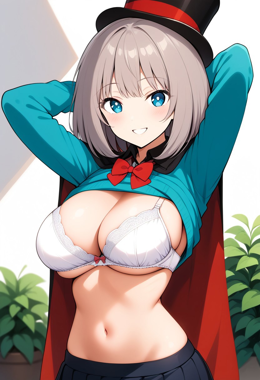 ai_generated arms_behind_head big_breasts blue_eyes blue_shirt bob_cut bra cylinder grey_hair large_breasts silver_hair skirt tejina_senpai tejina_senpai_(character) tejina_senpai_(series)