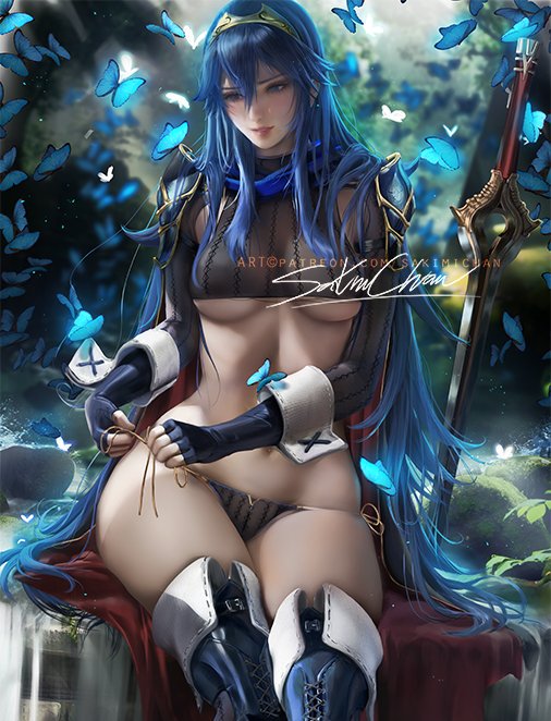 1girls, blue hair, breasts, female, female only, fire emblem, fire emblem awakening, long hair, looking down, lucina (fire emblem), panties, sakimichan, side-tie panties, solo, sword, thick thighs, thighs, underboob, underwear, undressing, weapon