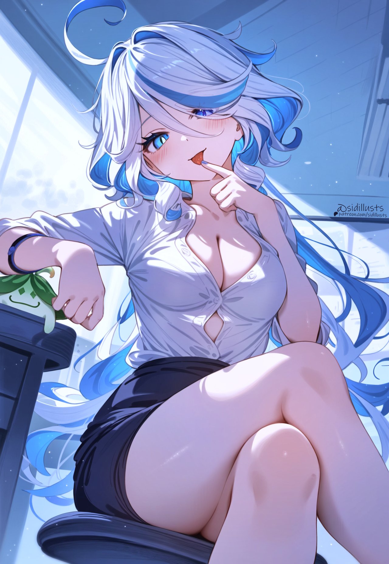 1girls, ai generated, blue eyes, blue hair, blush, breasts, button gap, clenched teeth, clothed, crossed legs, female, fully clothed, furina (genshin impact), genshin impact, legs, looking at viewer, medium breasts, nai diffusion, office lady, skirt, smile, stable diffusion, tongue, tongue out, white hair