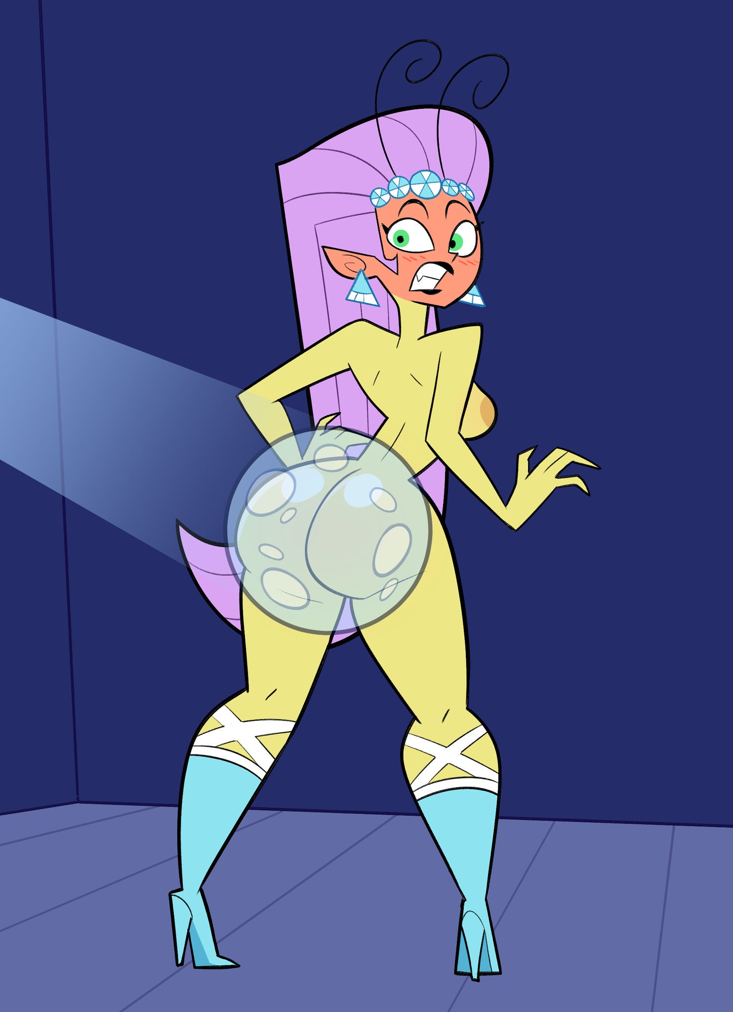 alien, areolae, ass, blush, boots, breasts, embarrassed, embarrassed nude female, enf, female, green eyes, herny, long hair, looking back, naked, naked footwear, nickelodeon, nipples, nude, pink hair, princess mandie, reference, role reversal, scene reference, solo, straight hair, surprised, the fairly oddparents, thick thighs, wide hips, yellow skin