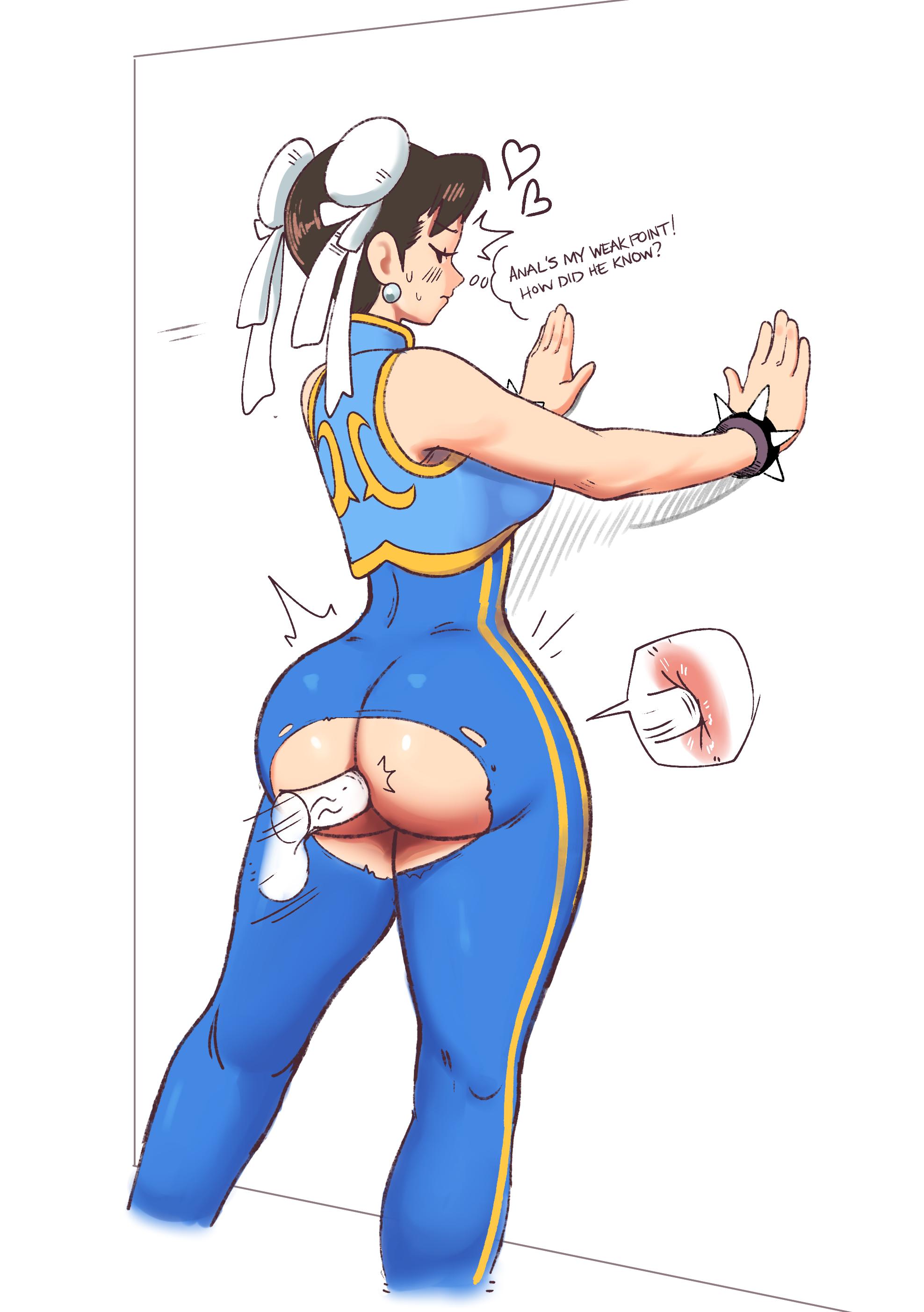 against wall, anal, anal access, anal insertion, anal sex, ass, big penis, brown hair, buttholemagick, capcom, chun-li, dialogue, disembodied hand, disembodied penis, earrings, exposed ass, female, female focus, hair, heart, highres, human, insertion, legs, looking back, male, male penetrating, motion lines, penetration, penis, secretly loves it, sex, speech bubble, spiked bracelet, street fighter, street fighter alpha, text, thick thighs, thighhighs, thighs, torn clothes, torn clothing, unseen male face, veiny penis