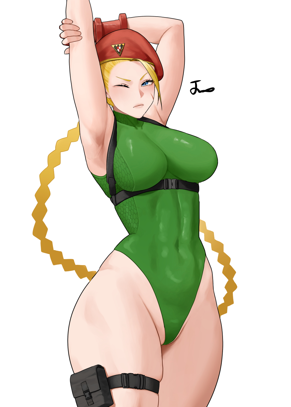 1girls, blonde hair, blue eyes, cammy white, female, female only, fully clothed, hat, leotard, noorung, simple background, street fighter, tight clothing, white background