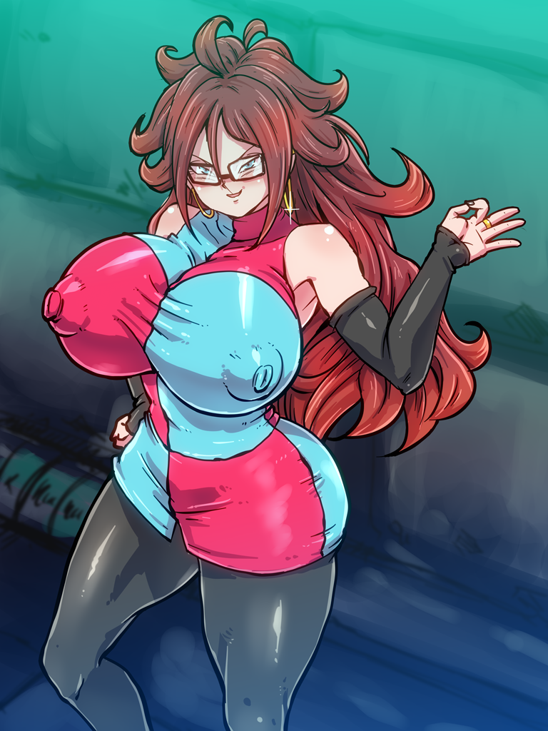 1girls android_21 android_21_(human) big_breasts bimbo blue_eyes dragon_ball dragon_ball_fighterz dragon_ball_z erect_nipples erect_nipples_under_clothes hoop_earrings huge_breasts long_hair nipple_bulge nipples nipples_visible_through_clothing rickert_kai shounen_jump solo solo_female wide_hips