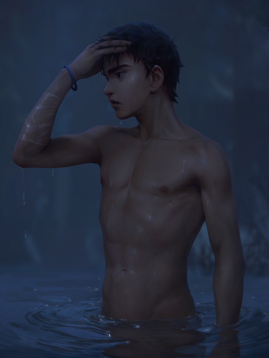 1boy beitemian betm bisexual black_hair casual dark_skin erect_nipples hand_on_head human life_is_strange life_is_strange_2 male male_only nude outdoors pool rain sean_diaz skinny_dipping swimming teenager toned_body water