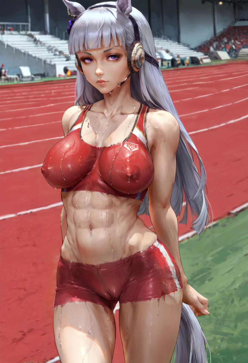 ai_generated athletic athletic_female bodypaint breasts breasts_apart exhibitionism fit fit_female gold_ship_(umamusume) gray_hair horse_ears horse_girl horse_tail nipples painted_clothes purple_eyes pussy self_upload standing sweat sweating sweaty track track_and_field track_uniform umamusume