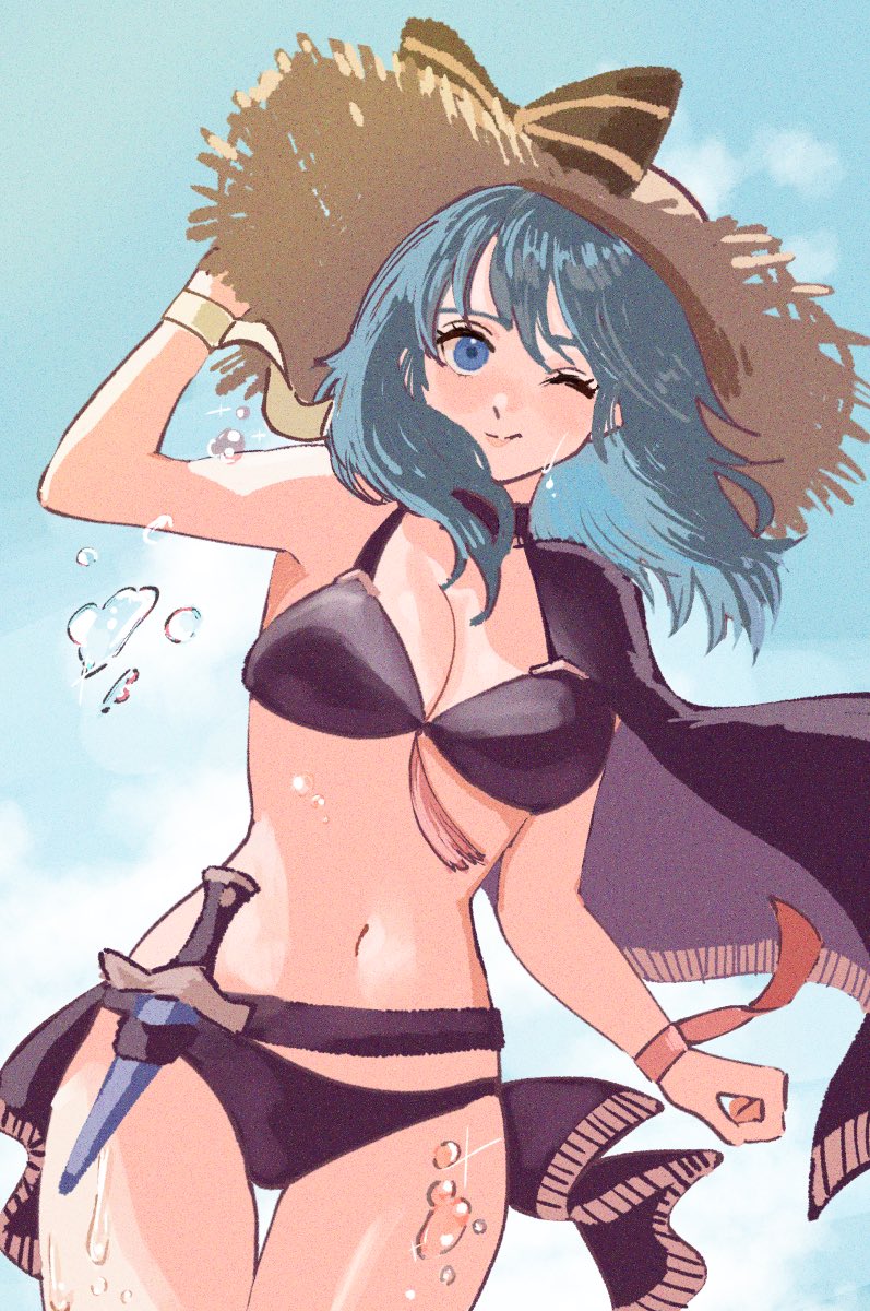 alternate_costume bikini black_bikini black_swimsuit blue_eyes breasts byleth_(female)_(fire_emblem) byleth_(female)_(summer)_(fire_emblem) byleth_(fire_emblem) byleth_(fire_emblem)_(female) chimney_(chimney0311) cleavage female female_only fire_emblem fire_emblem:_three_houses fire_emblem_heroes nintendo official_alternate_costume solo swimsuit